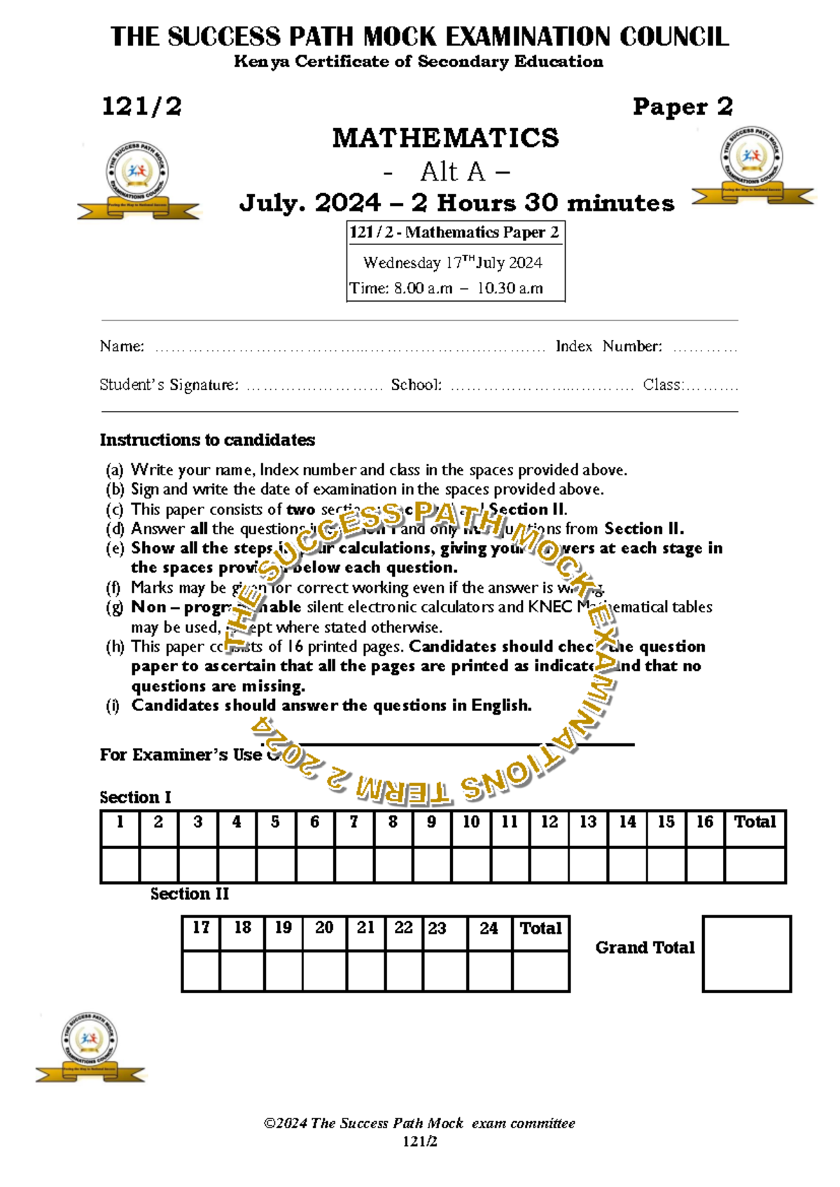 The Success Path Mock Exam 121/2 - Mathematics Paper 2 MAT-1 - Studocu