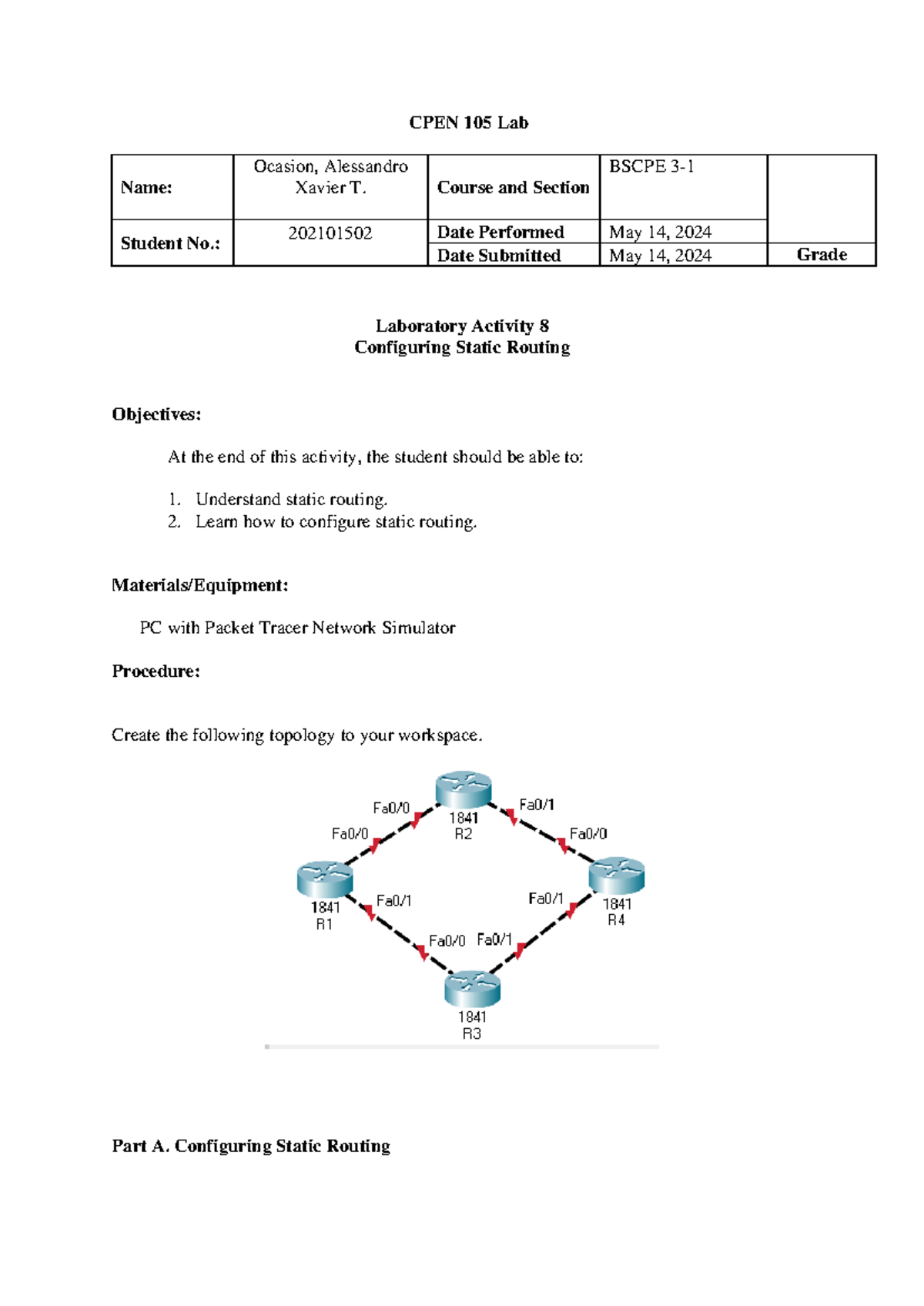 CPEN 105 Lab: Activity 8 - Configuring Static Routing in Networks - Studocu