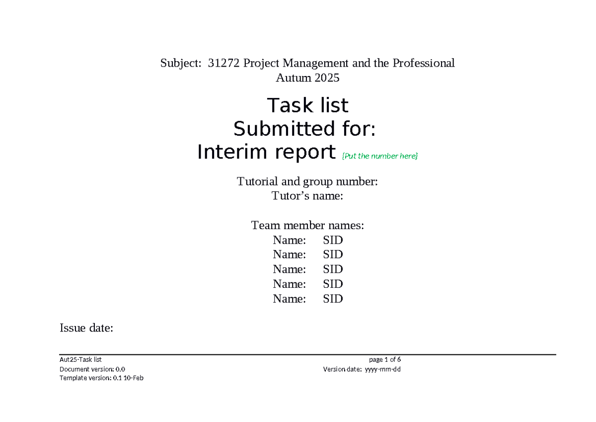 Task list v0.1 Aut 2025 - Task List - Subject: 31272 Project Management ...