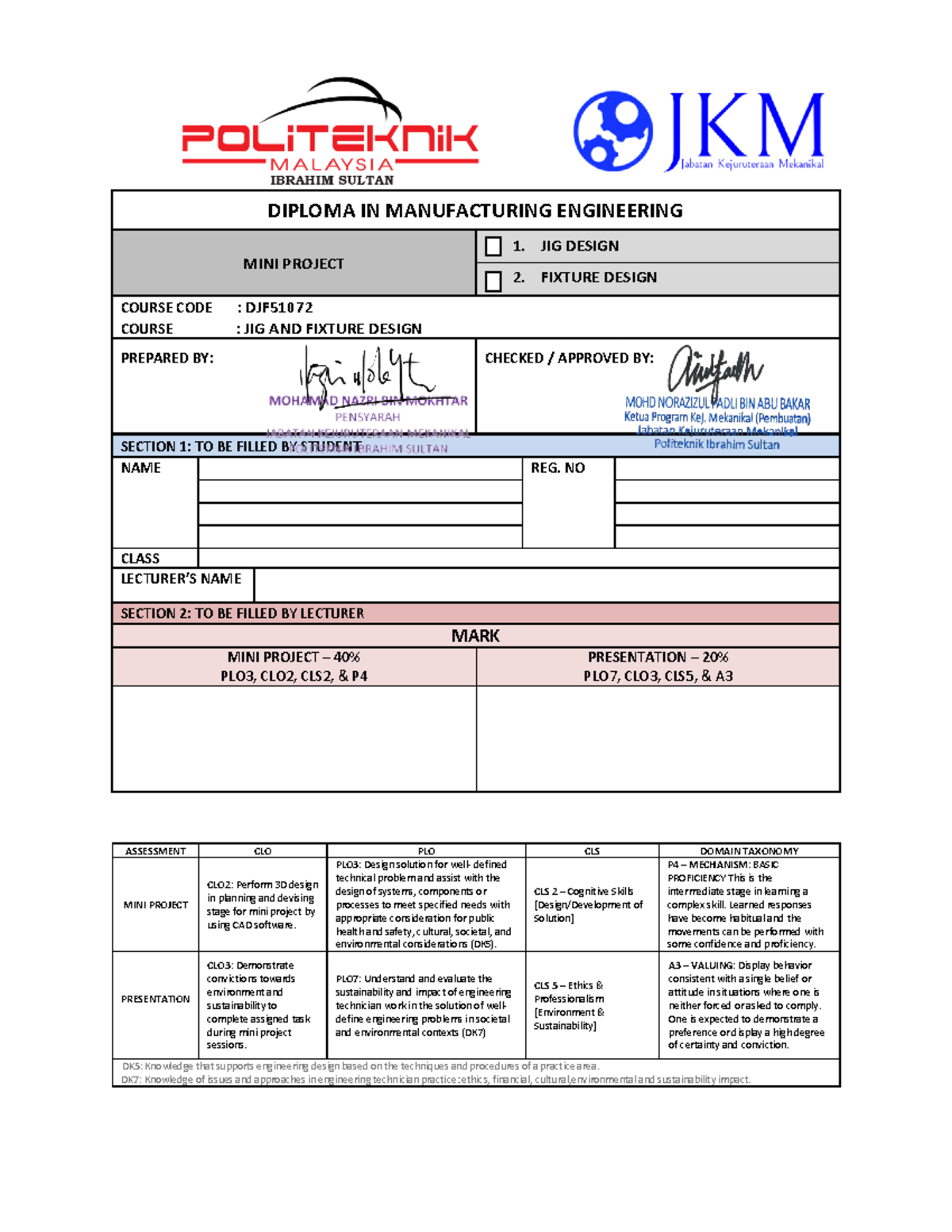 DJF51072 - Mini Project 1: Design of Jigs and Fixtures with CAD - Studocu