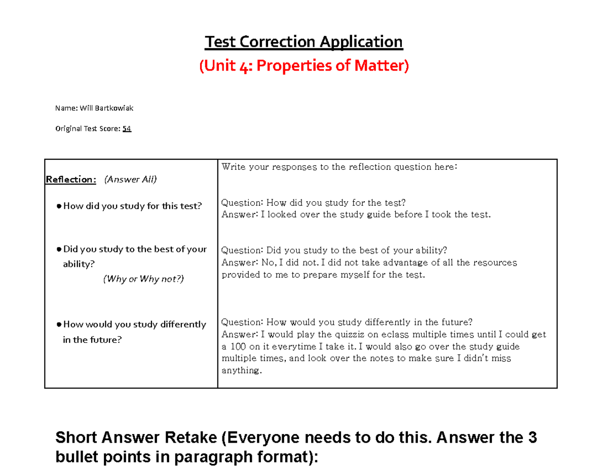 Unit 4 Test Corrections: Properties of Matter Reflection & Answers ...