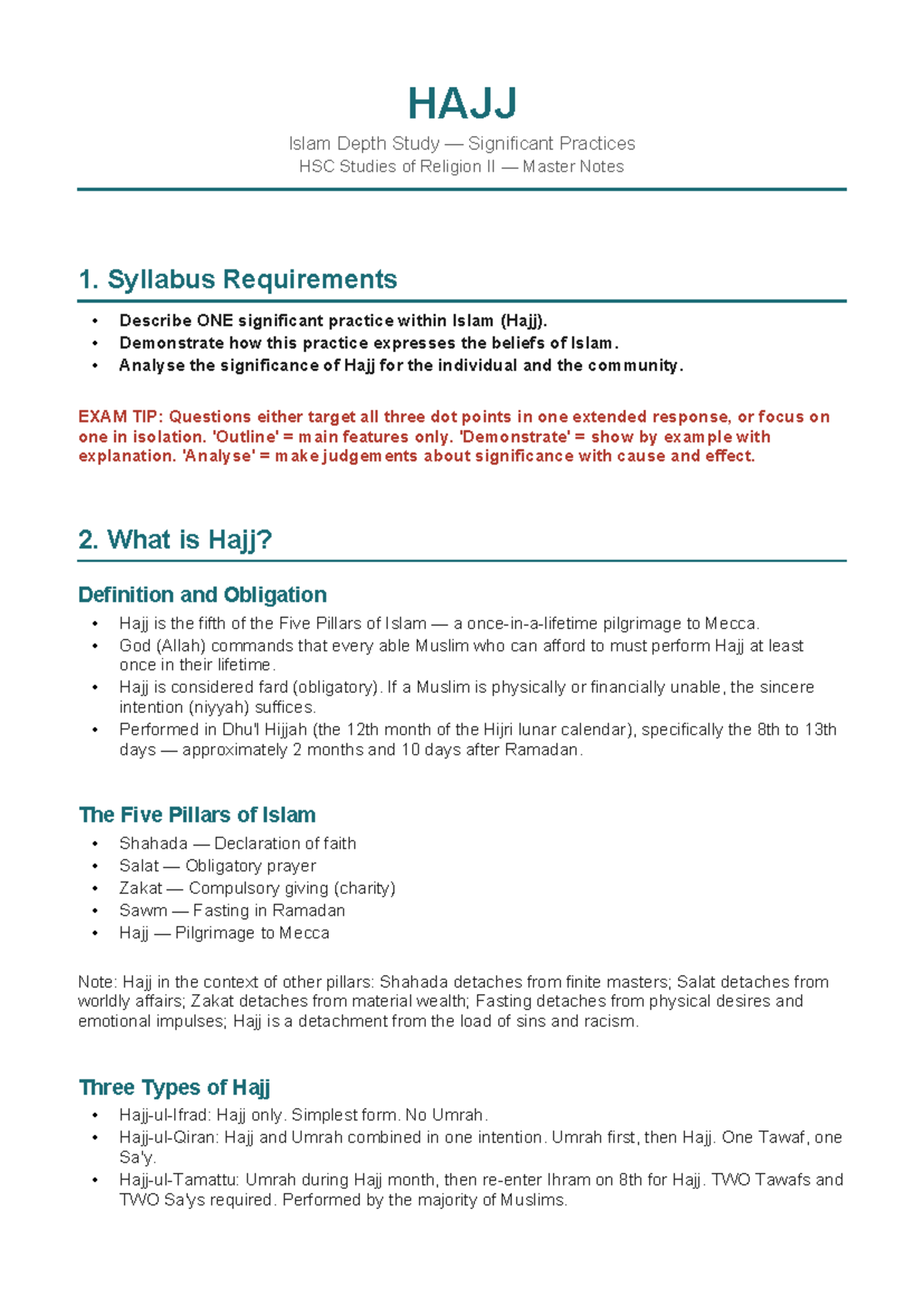 HSC Studies of Religion II: Hajj - Significant Practices Master Notes ...