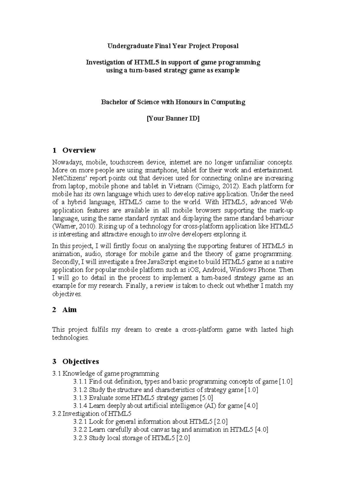BSc (Hons) Computing Final Year Project Proposal: HTML5 in Game Dev ...
