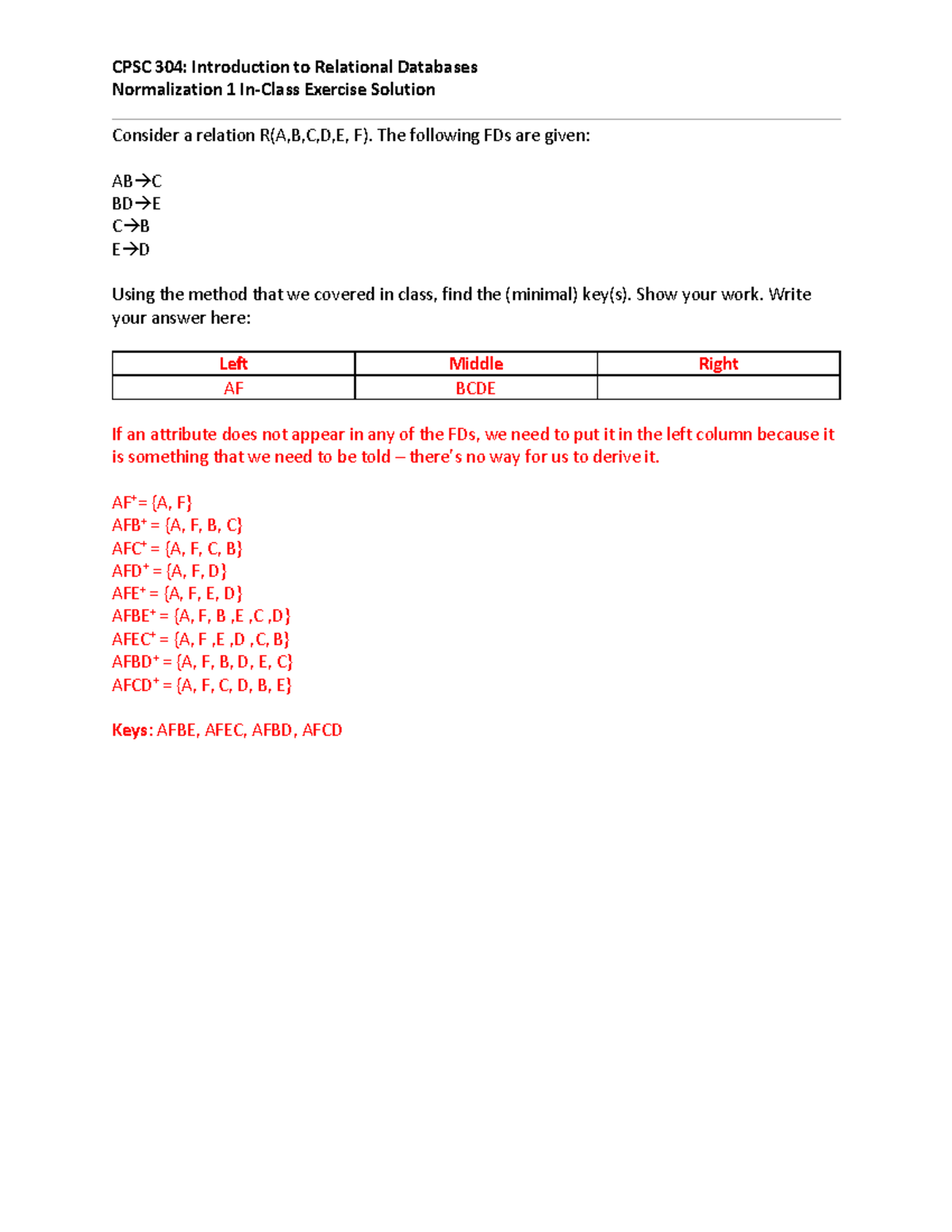 Normalization 1 answer - CPSC 304: Introduction to Relational Databases ...