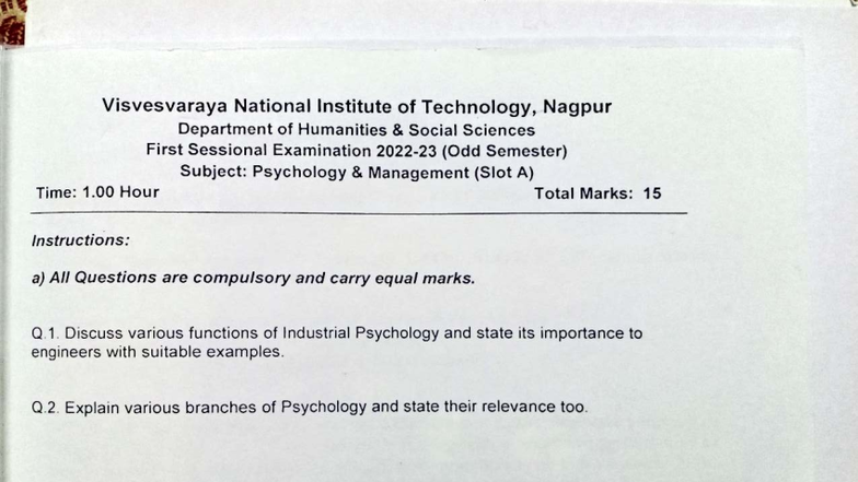 Visvesvaraya National Institute of Technology, Nagpur - Psychology ...