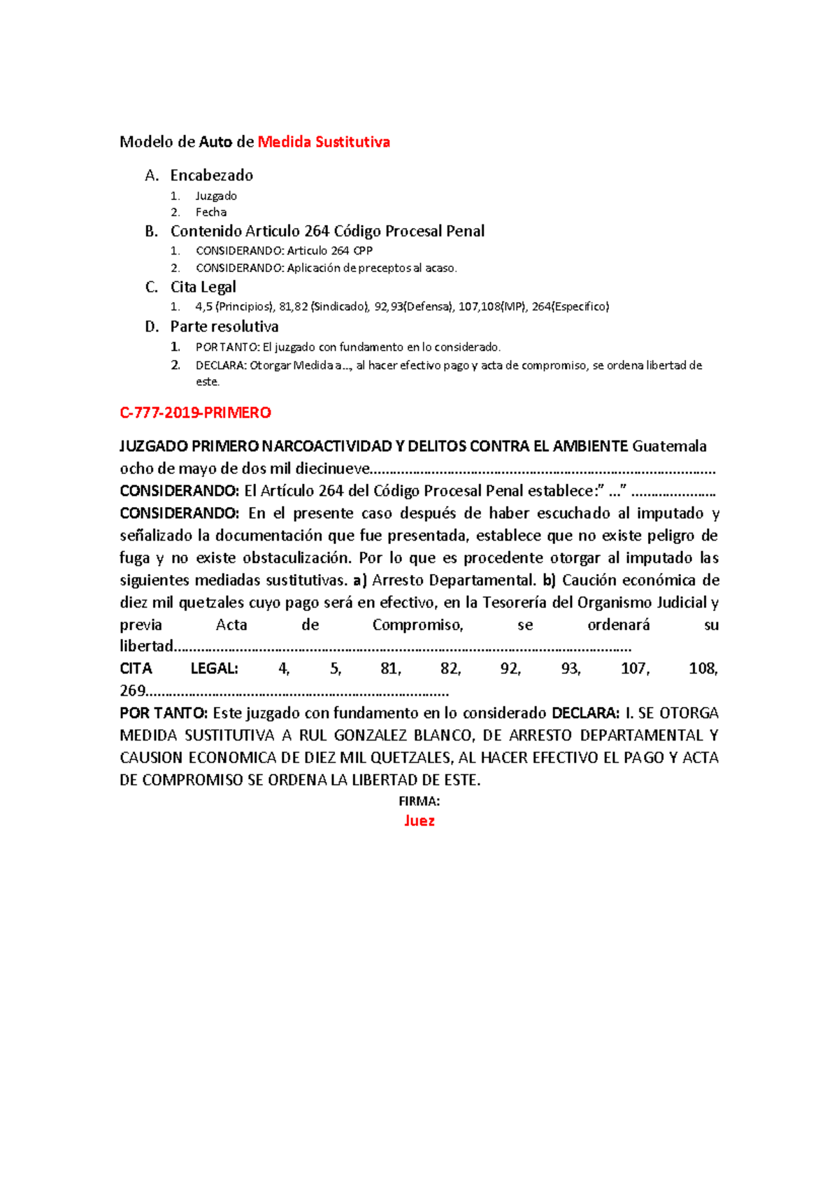 Modelo de Auto de Medida Sustitutiva en Derecho Procesal Penal 1 - Document Preview