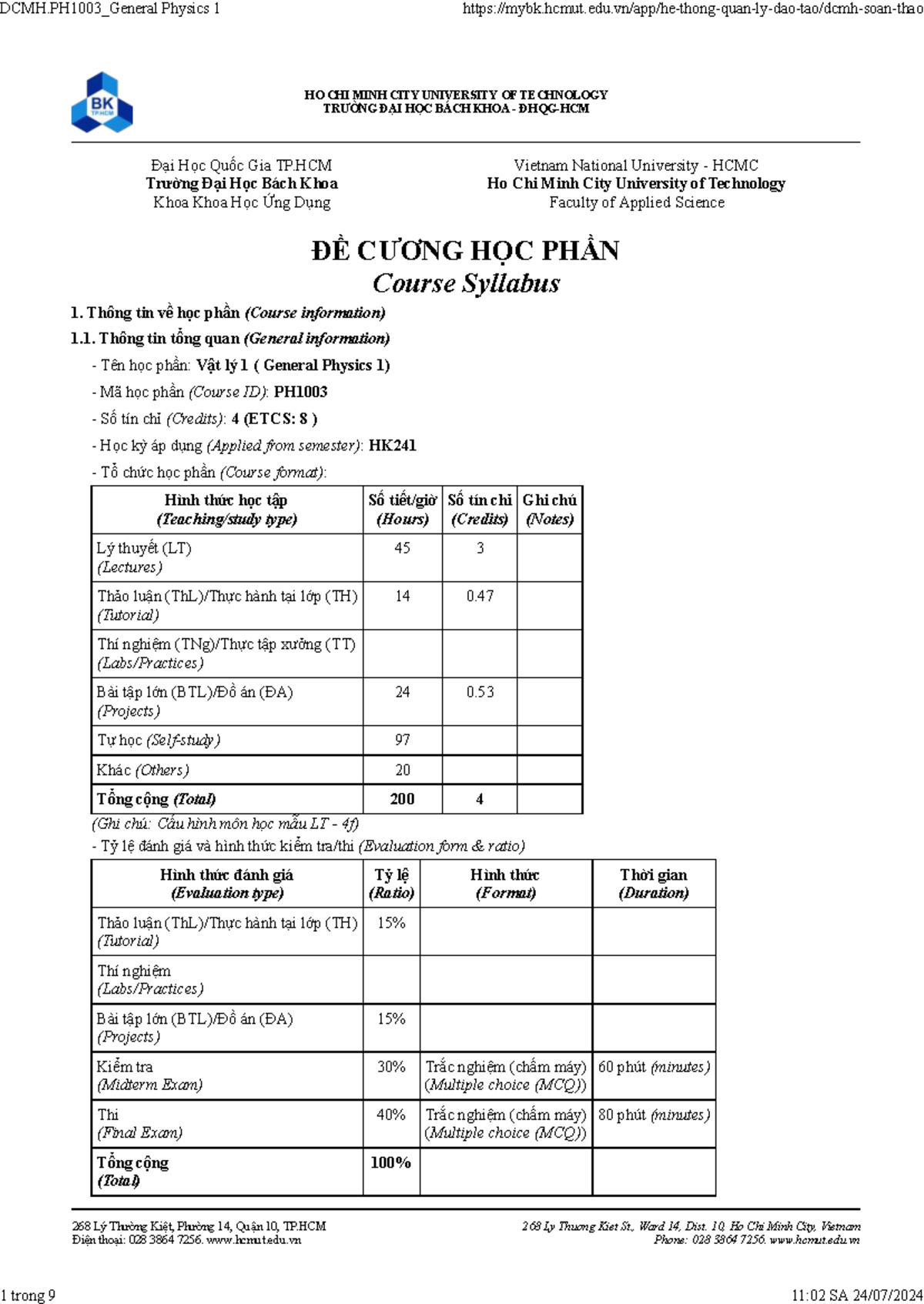De cuong 2024 PH1003 General Physics 1 course syllabus - Studocu