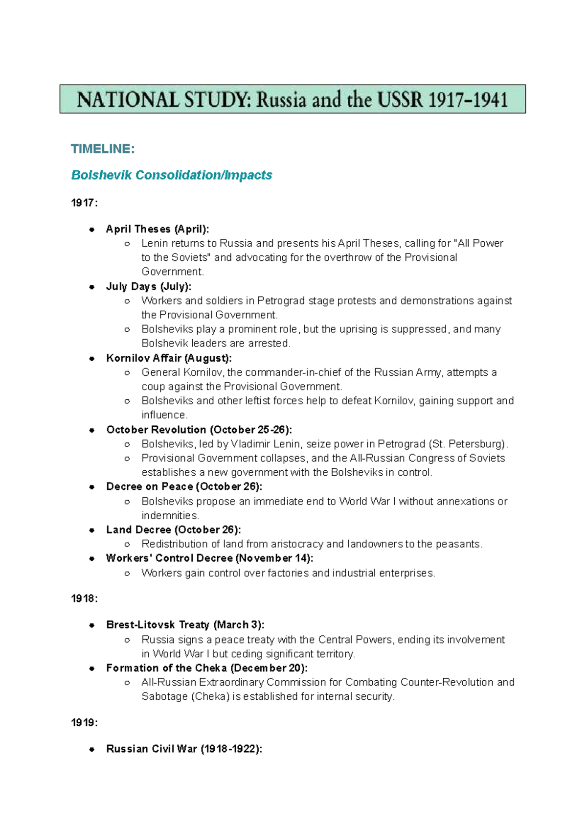 HSC Modern History Notes: Bolshevik Revolution & Consolidation (1917 ...