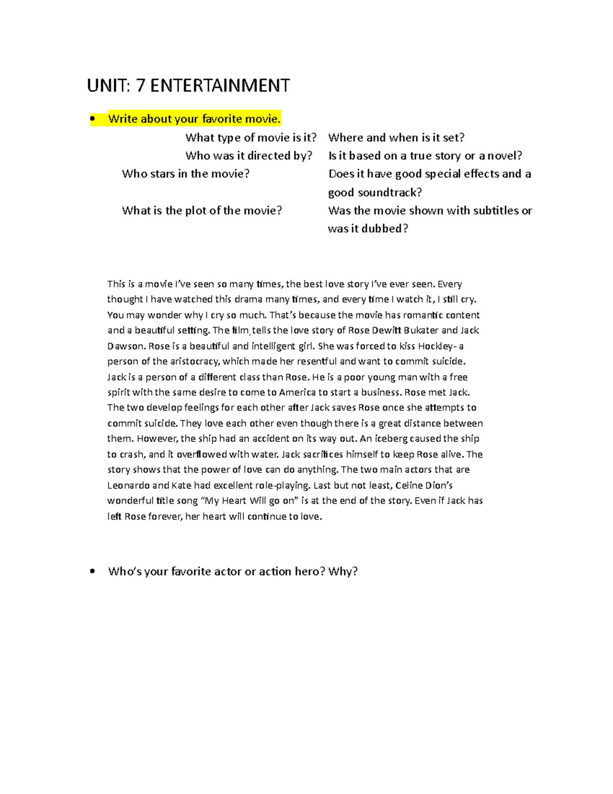 UNIT 7: Analyzing My Favorite Movie and Character Insights - Studocu
