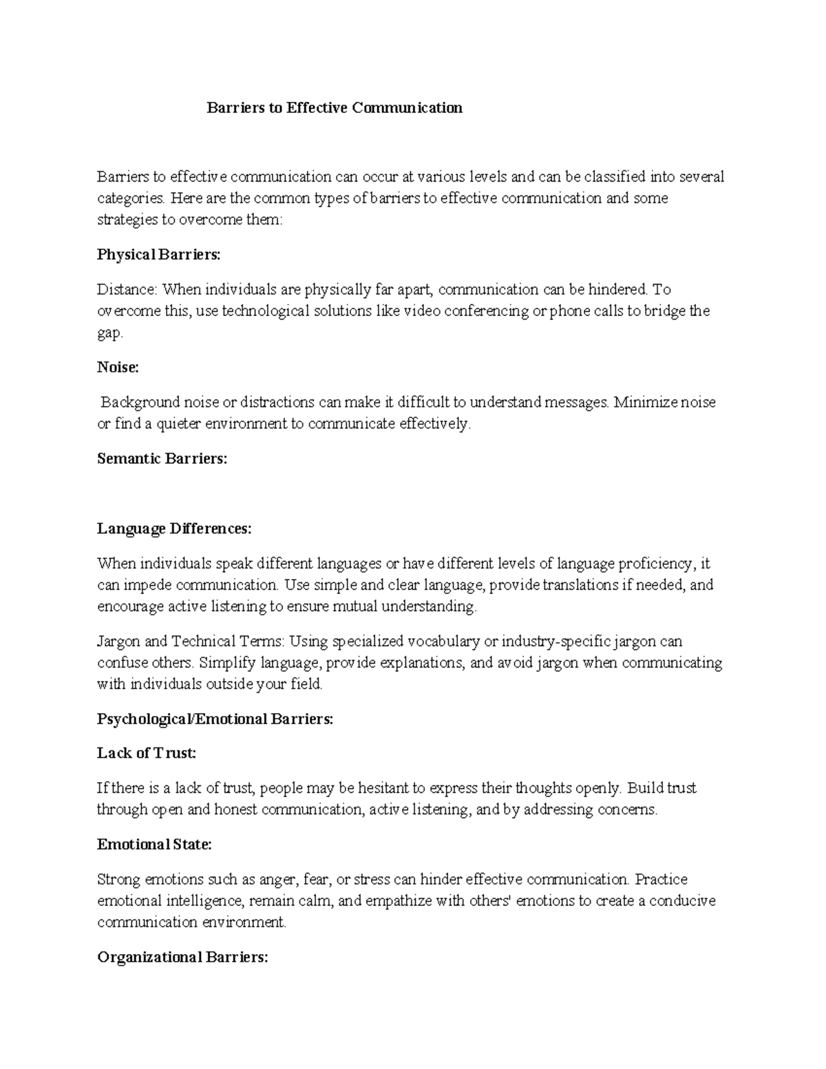 Barriers to Effective Communication: Strategies and Solutions (COM 1006 ...
