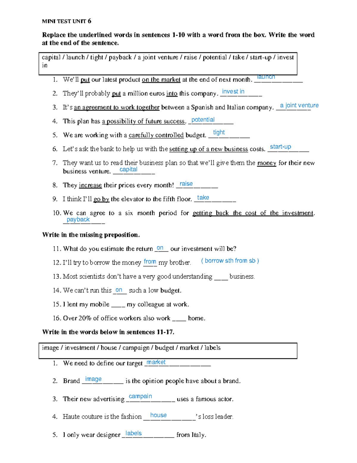 MINI TEST UNIT 6: Vocabulary and Sentence Completion - Studeersnel