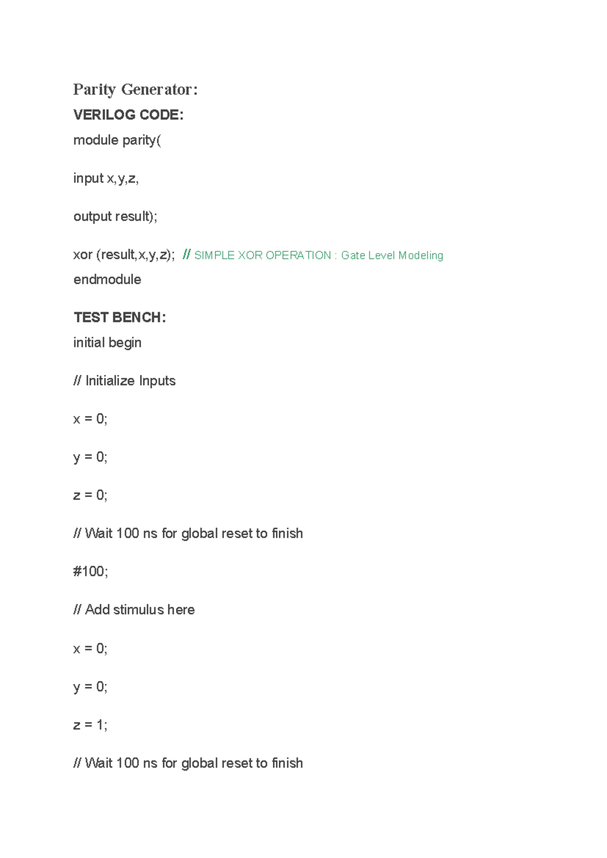 Parity Generator: ADV VLSI Code and Test Bench Documentation - Studocu