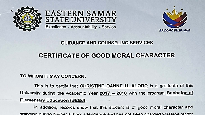 Certificate of Good Moral Character - BEEd Graduate, AY 2017-2018 - Studocu