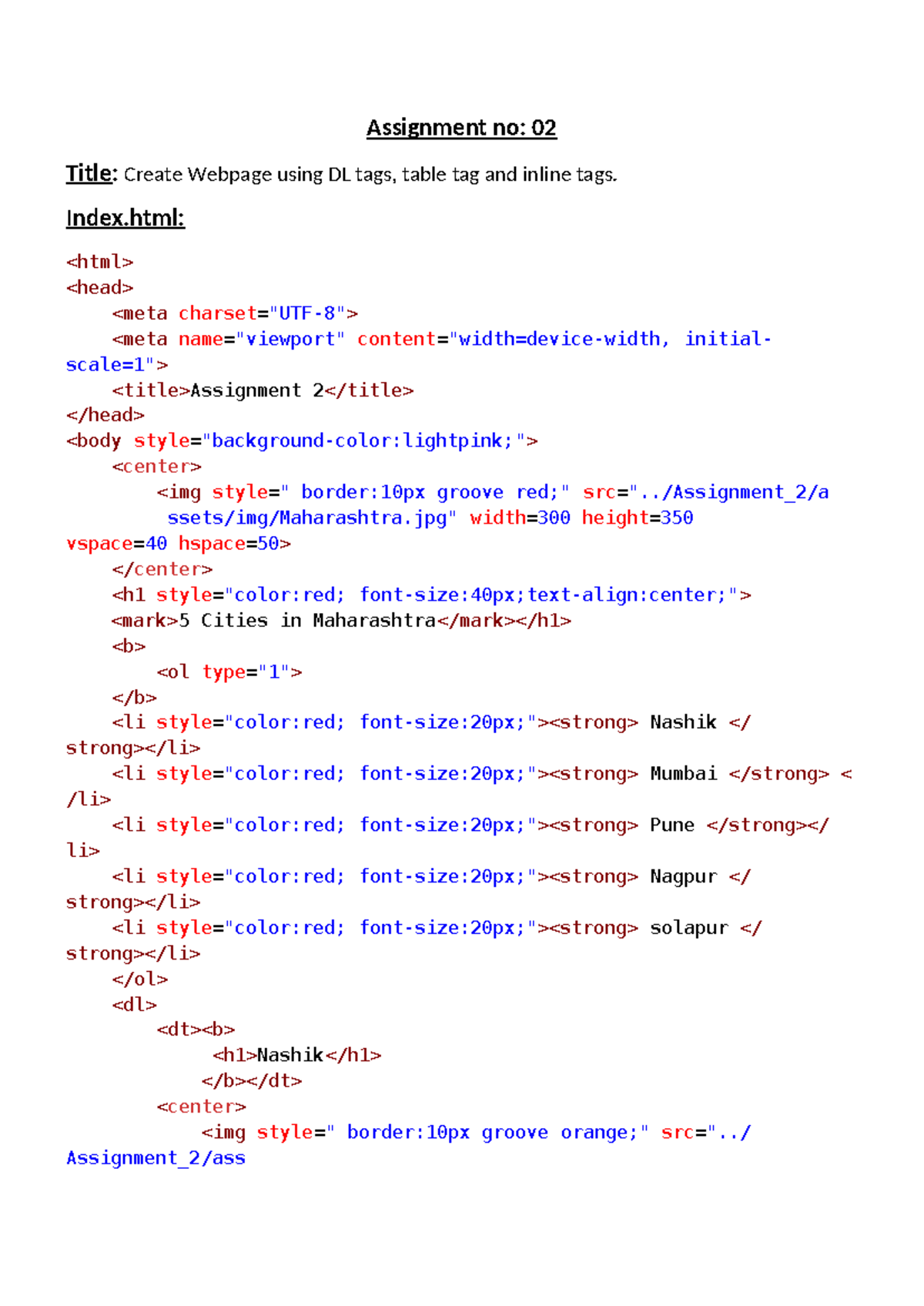 Assignment 2 - Html - Assignment no: 02 Title: Create Webpage using DL ...