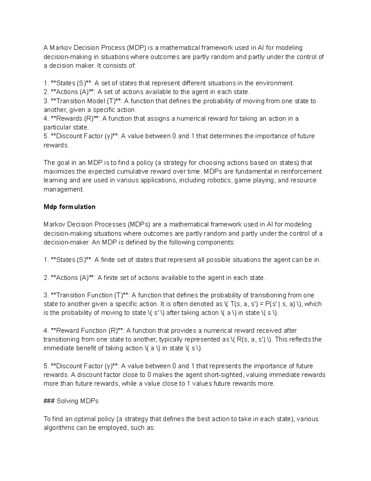 Unit 4: Markov Decision Processes (MDPs) in AI - Notes - Studocu