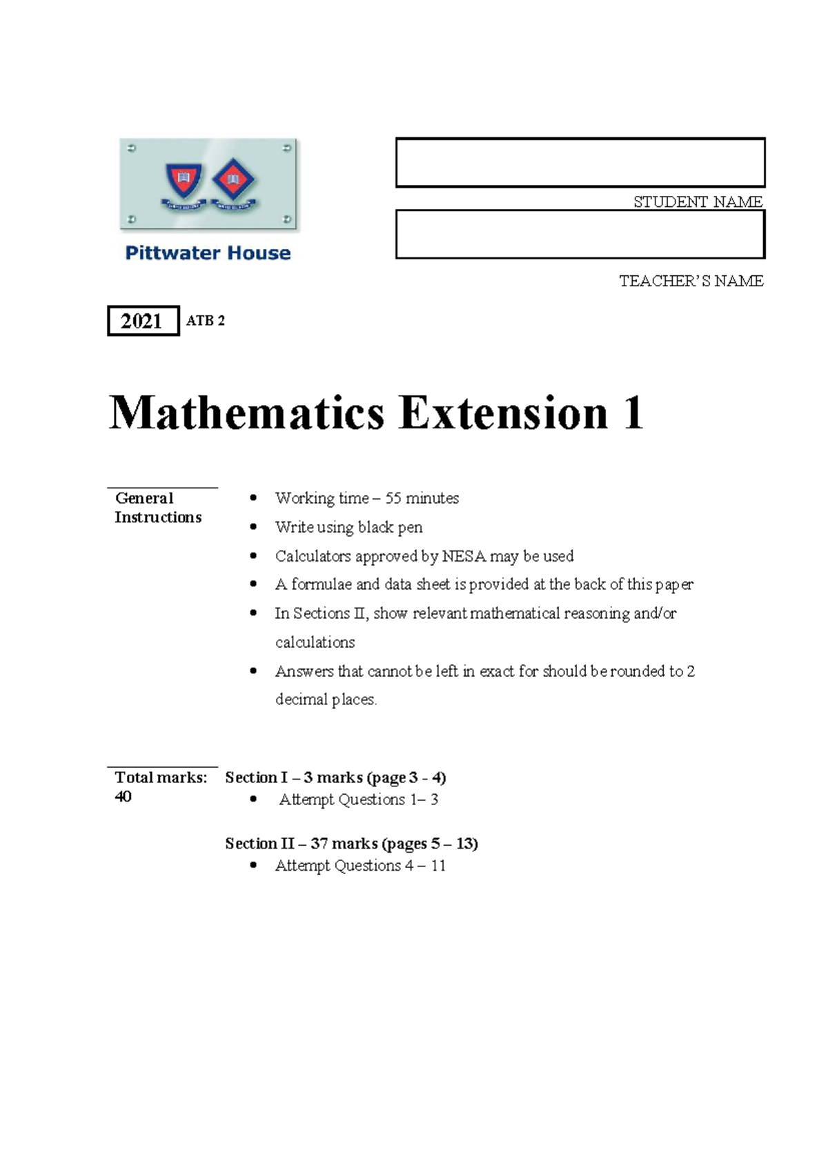 ATB 3 Test on Diff Eq Vectors and Integration - 2021 ATB 2 Mathematics ...