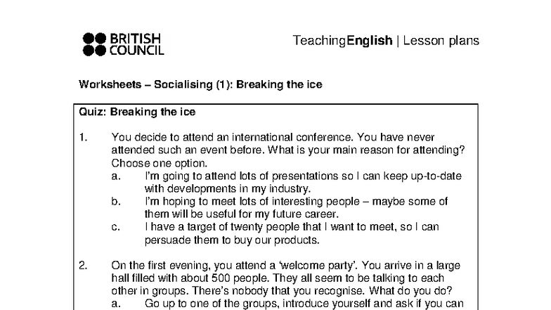 TeachingEnglish Lesson Plans: Socialising 1 - Breaking the Ice Quiz ...