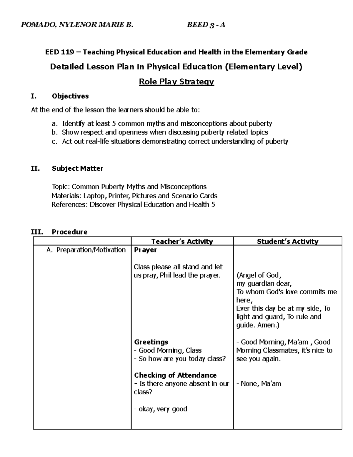 Detailed Lesson Plan: EED 119 Physical Education on Puberty Myths - Studocu