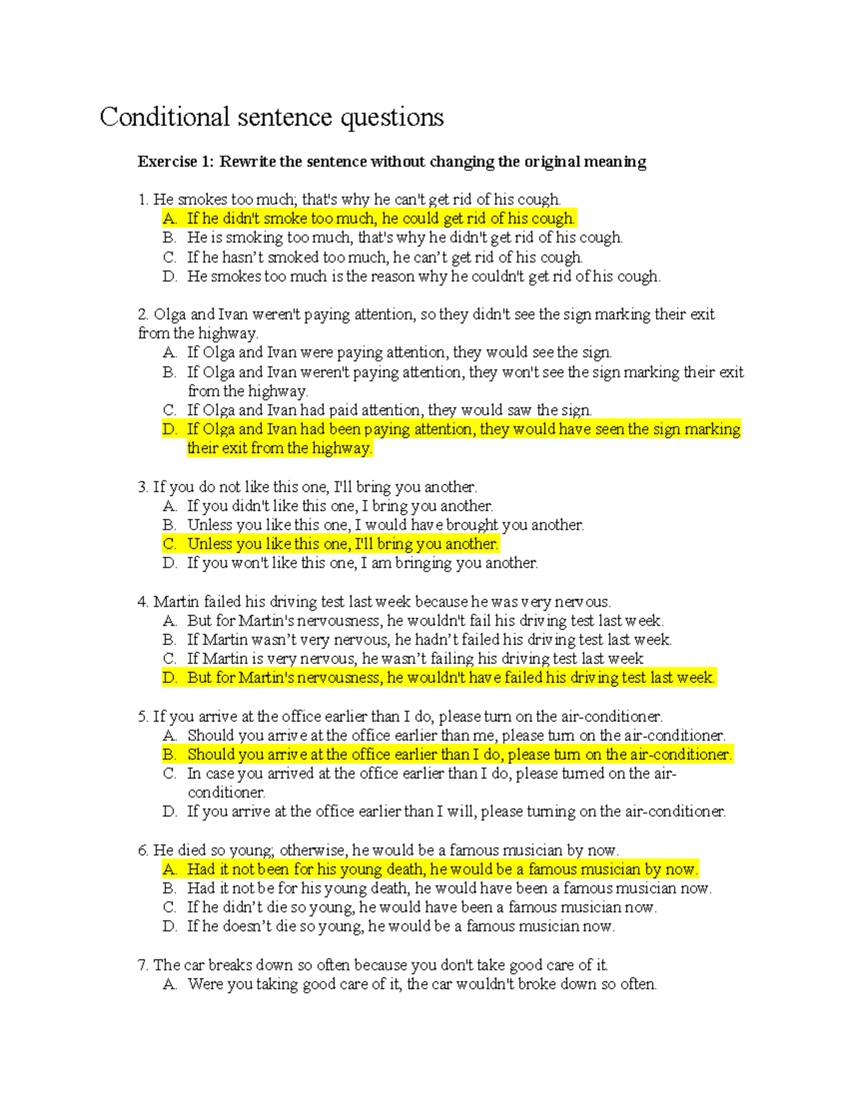 Conditionals Exercise 1 & 2: Sentence Rewriting Practice (ENG 101 ...