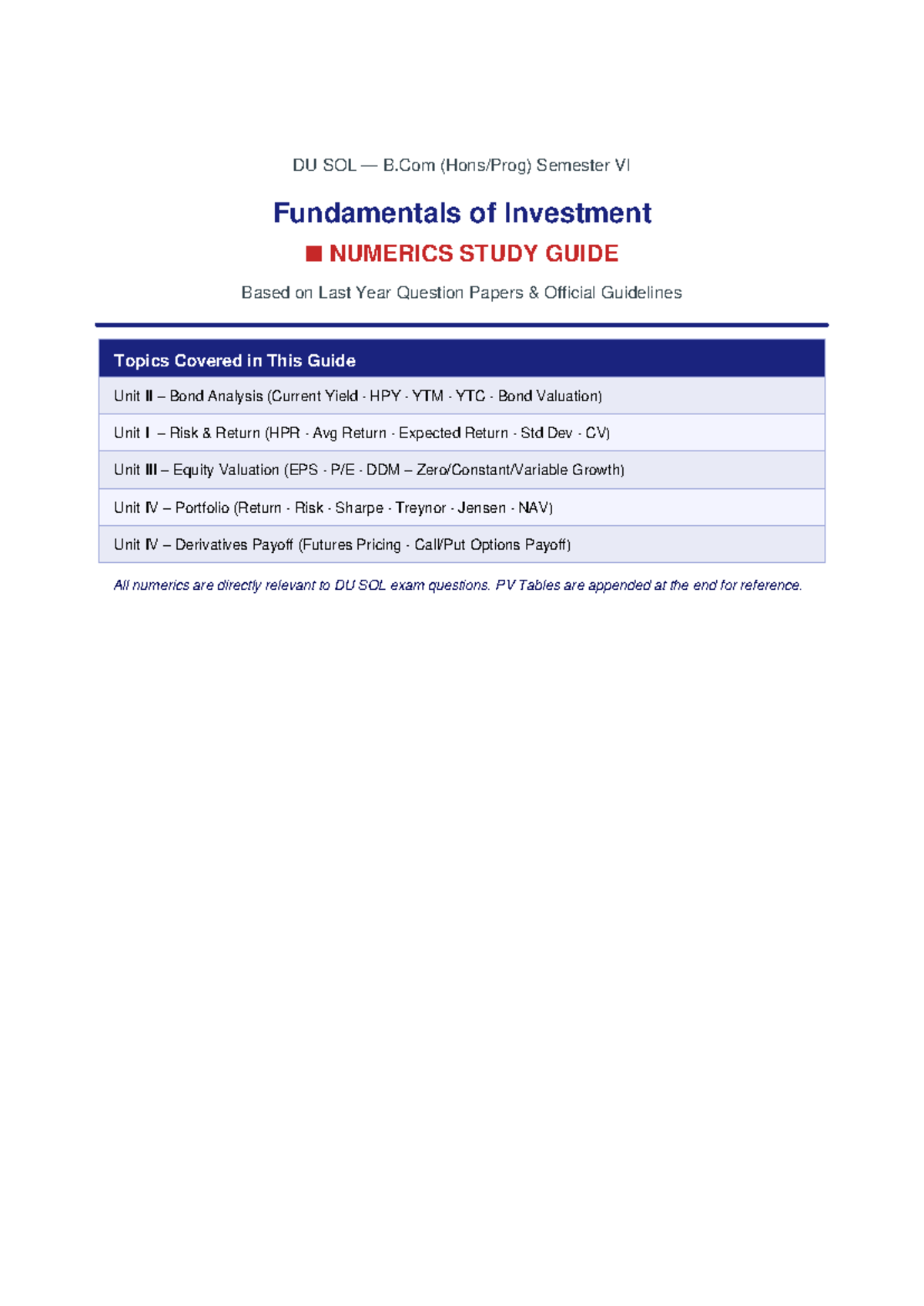 DU SOL B.Com Sem VI Investment Fundamentals Numerics Study Guide - Studocu
