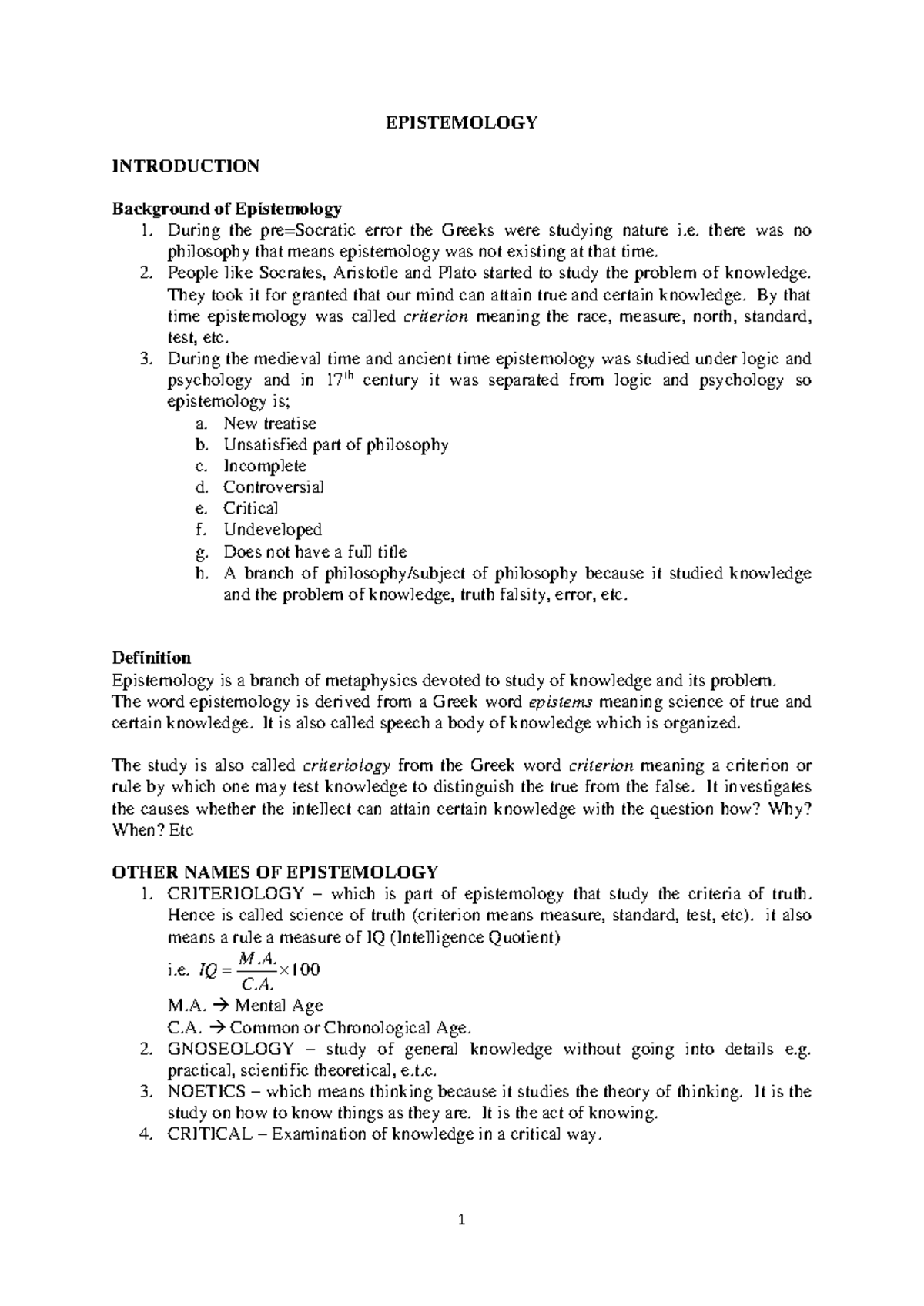 Epistemology Overview - EPIST 101 Study Notes - Studocu