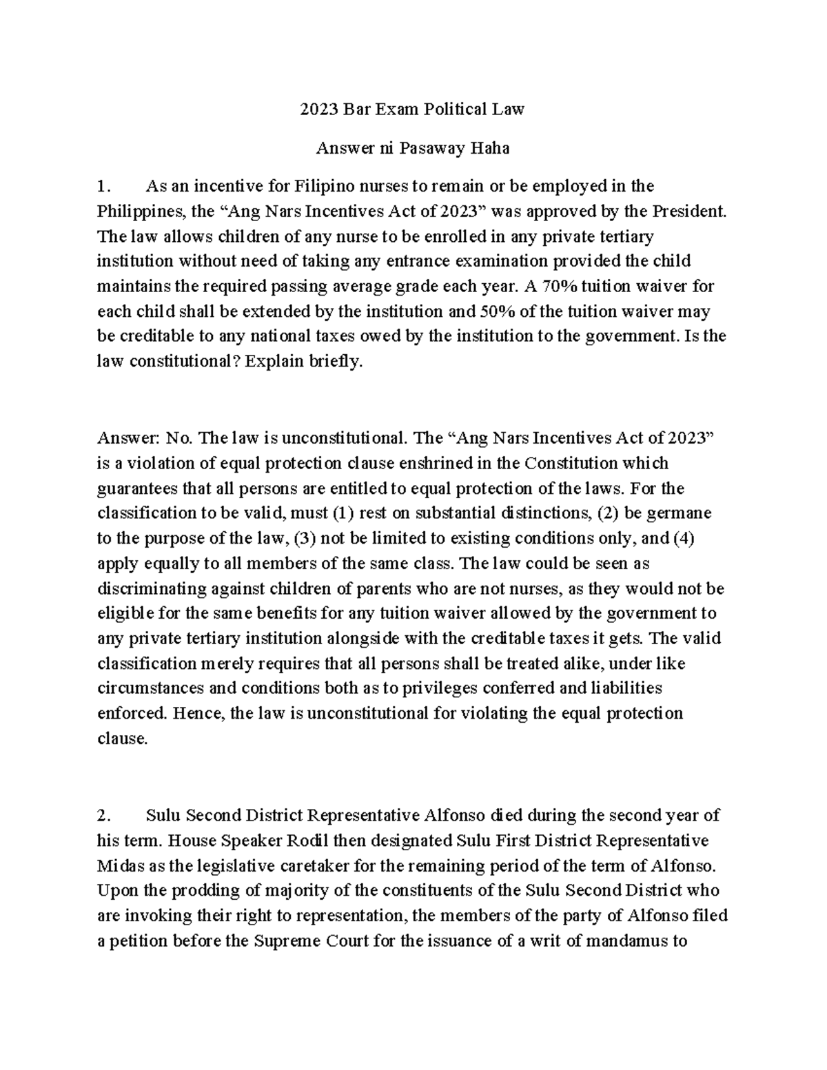 2023 BAR Political Law Q & A Overview and Analysis - Studocu