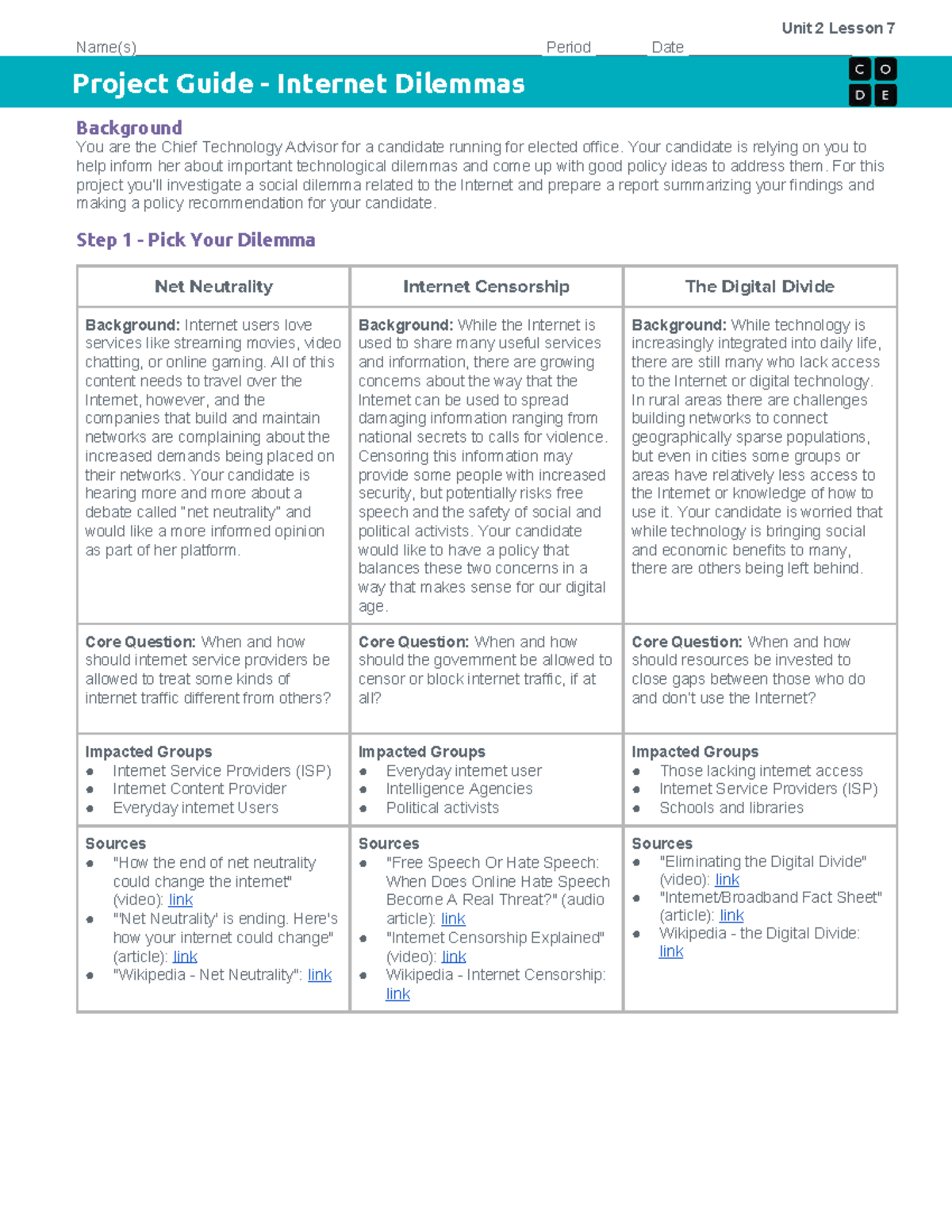 Project Guide: Internet Dilemmas - Unit 2 Lesson 7 - Studocu