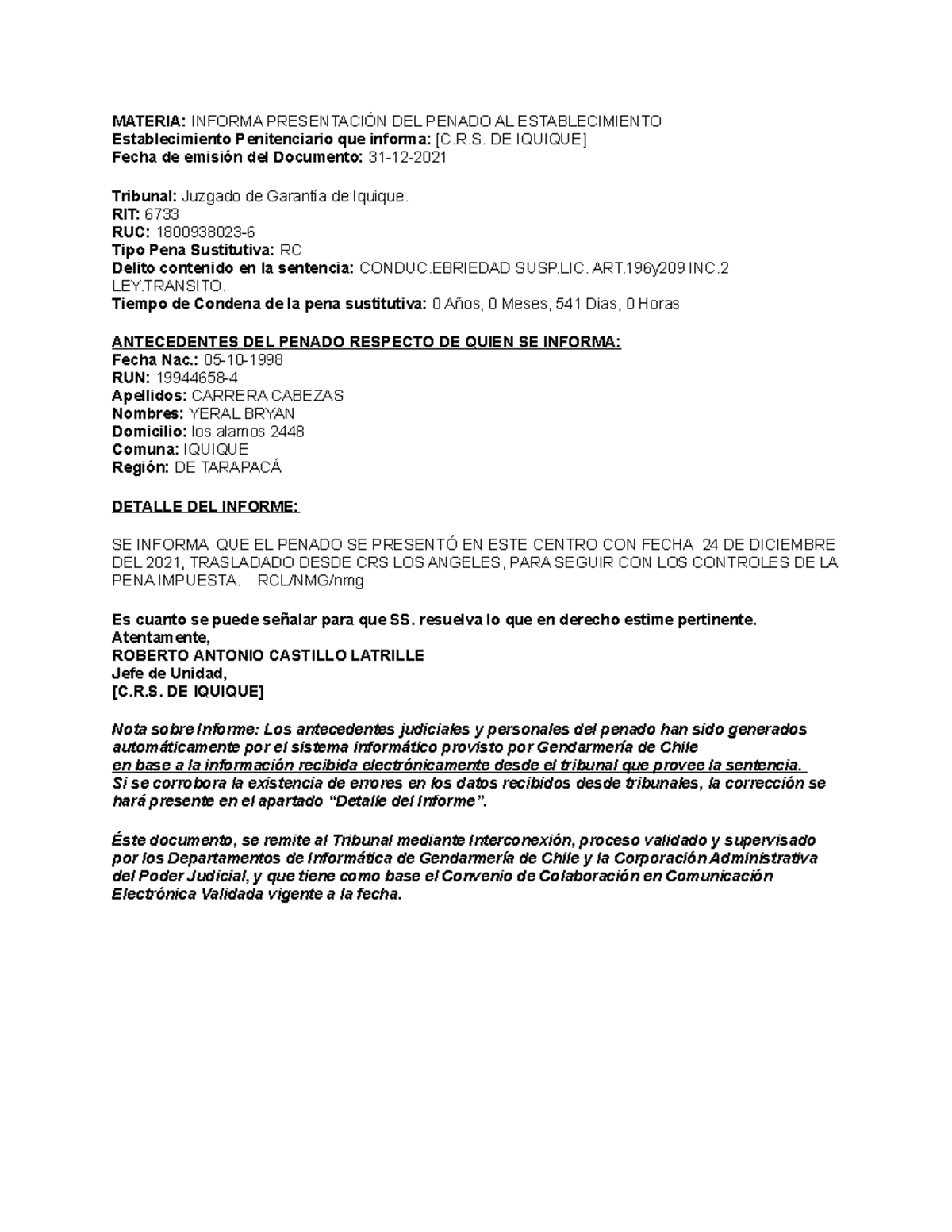 Informe sobre Presentación de Penado - Tribunal Iquique RIT 6733 - Studocu