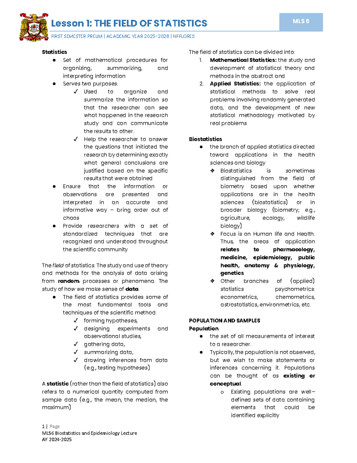 Biostats Module 1: Introduction to Statistics MLS 6 Prelim - Studocu
