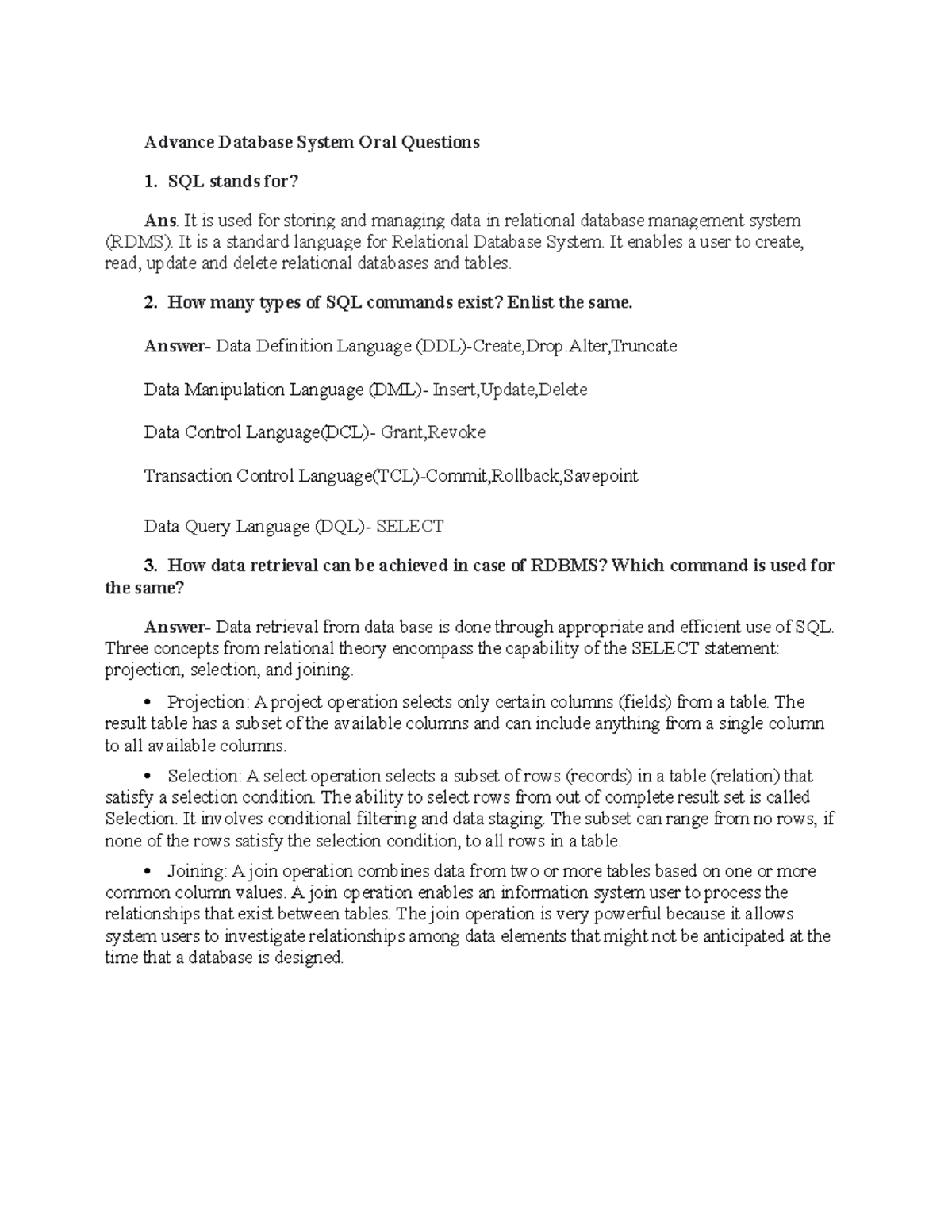 ADS Oral Questions & Answers for Advanced Database Systems - Studocu