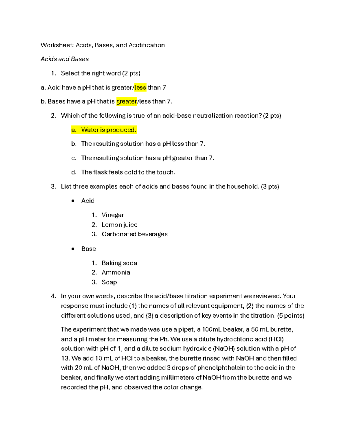 Acidification Worksheet - Worksheet: Acids, Bases, and Acidification ...