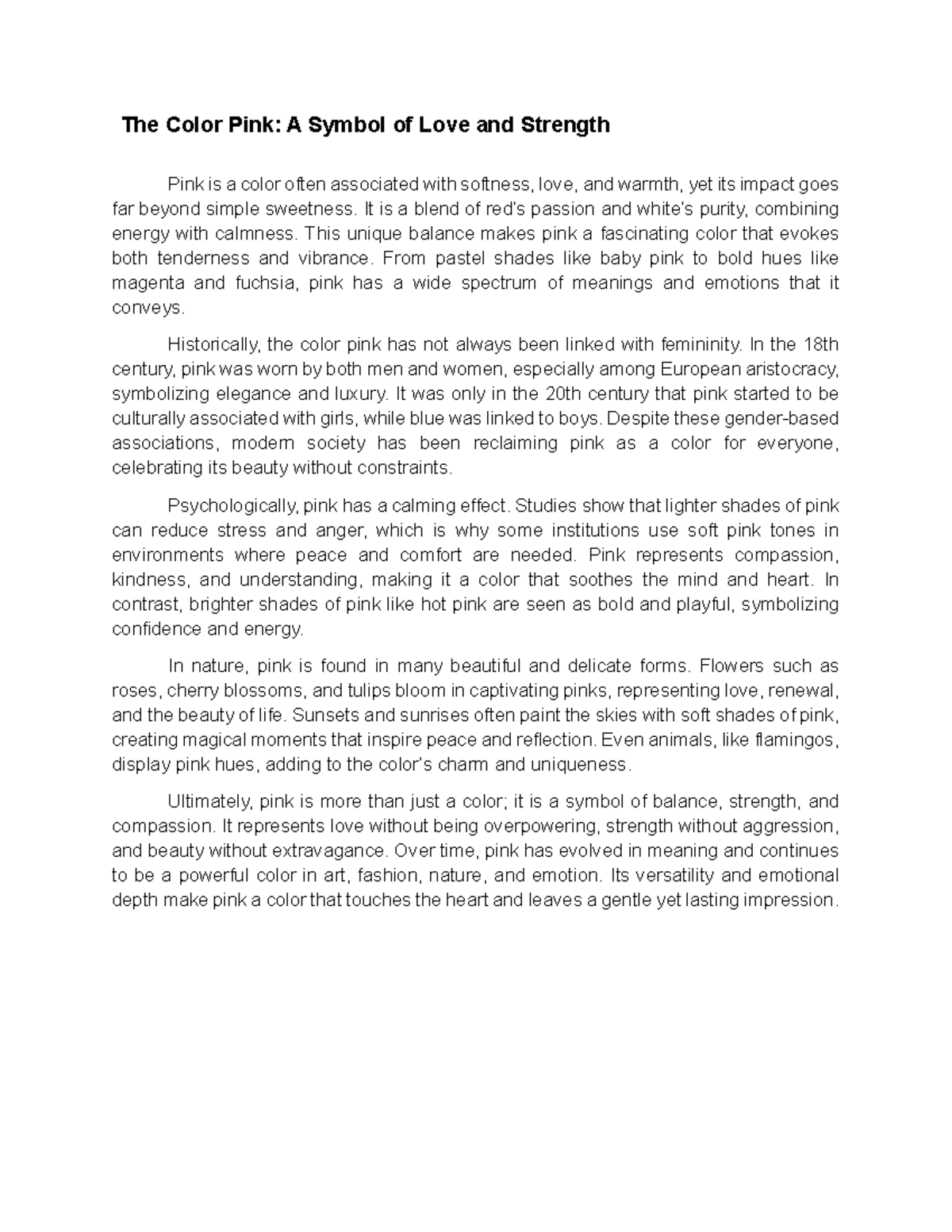 The Color Pink: A Short Essay on Love and Strength - Studocu