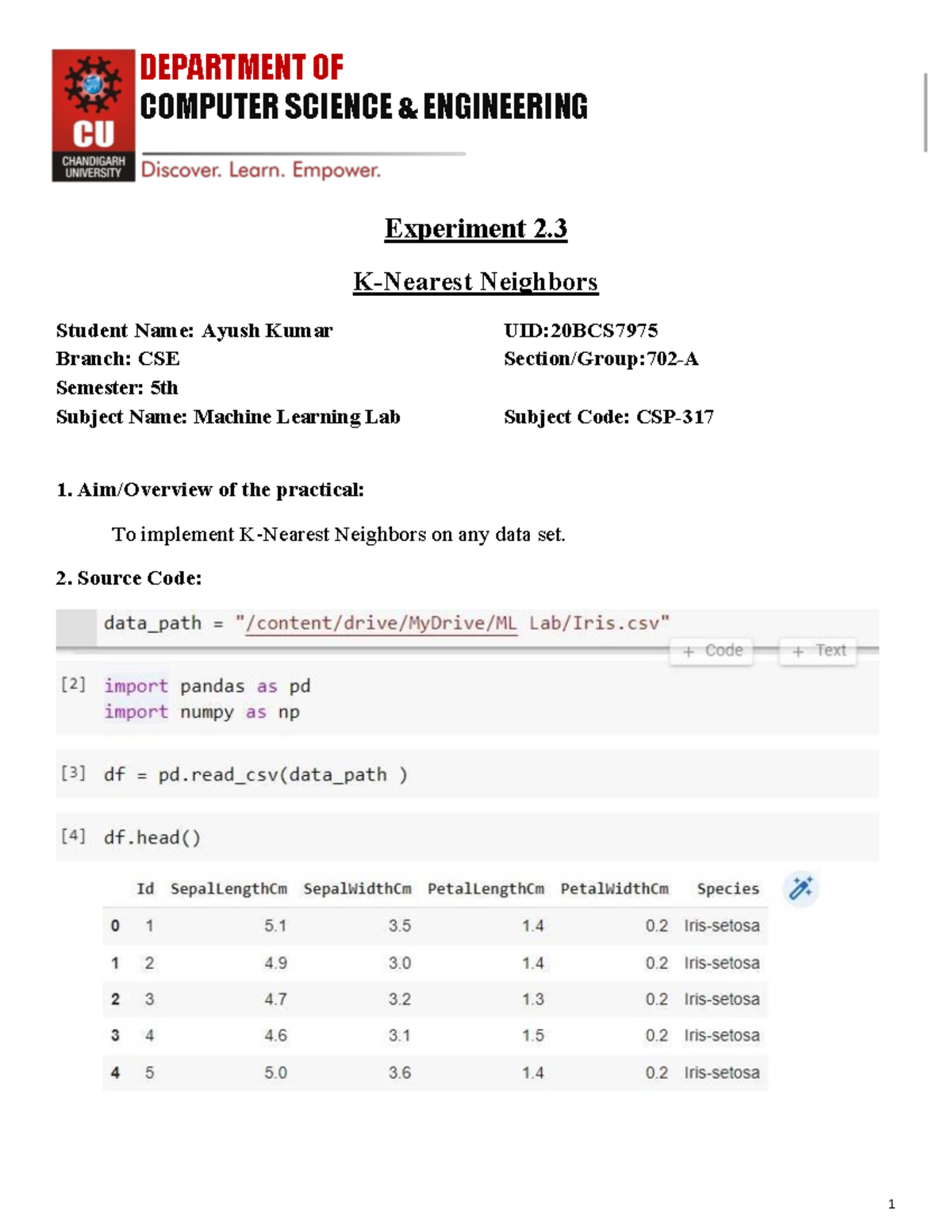 ML Exp-2.3 (20BCS7975) - COMPUTER SCIENCE & ENGINEERING Experiment 2. K ...