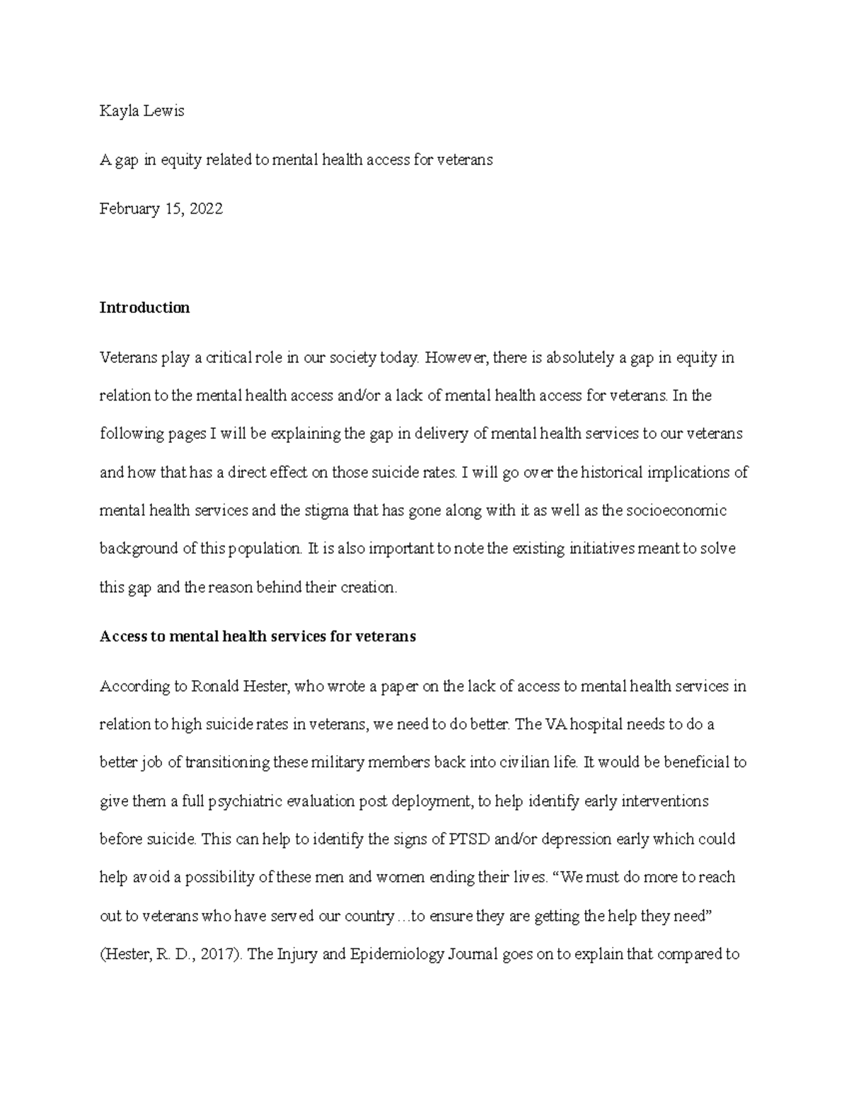 Final project - Kayla Lewis A gap in equity related to mental health ...