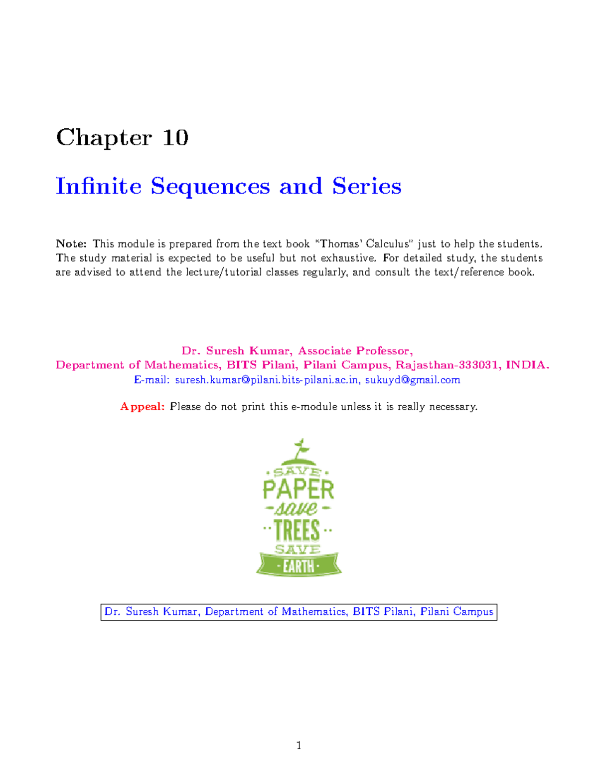 Chapter 10: Infinite Series - Math F111 Lecture Notes by Suresh Kumar ...