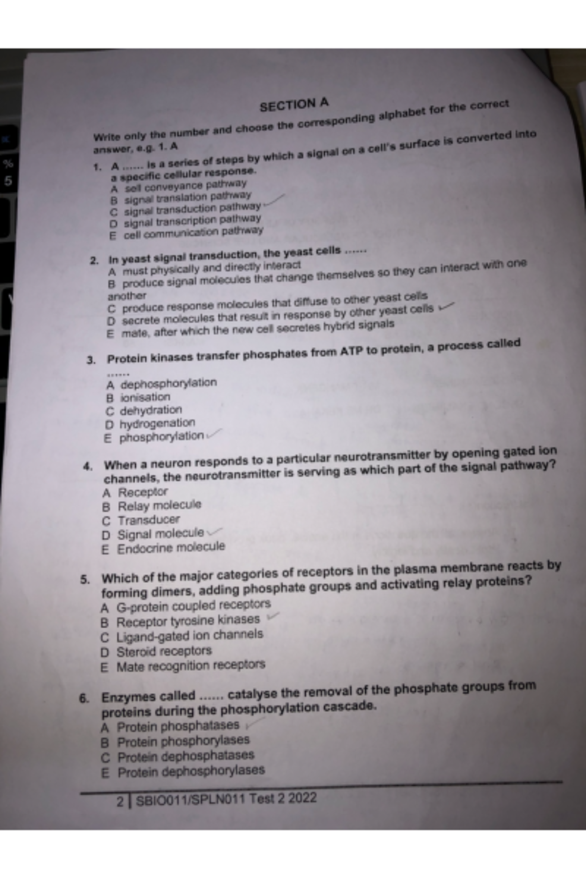 SBIO Test 2 2022 - Plant biology test 2 - SECTION A Write only the ...