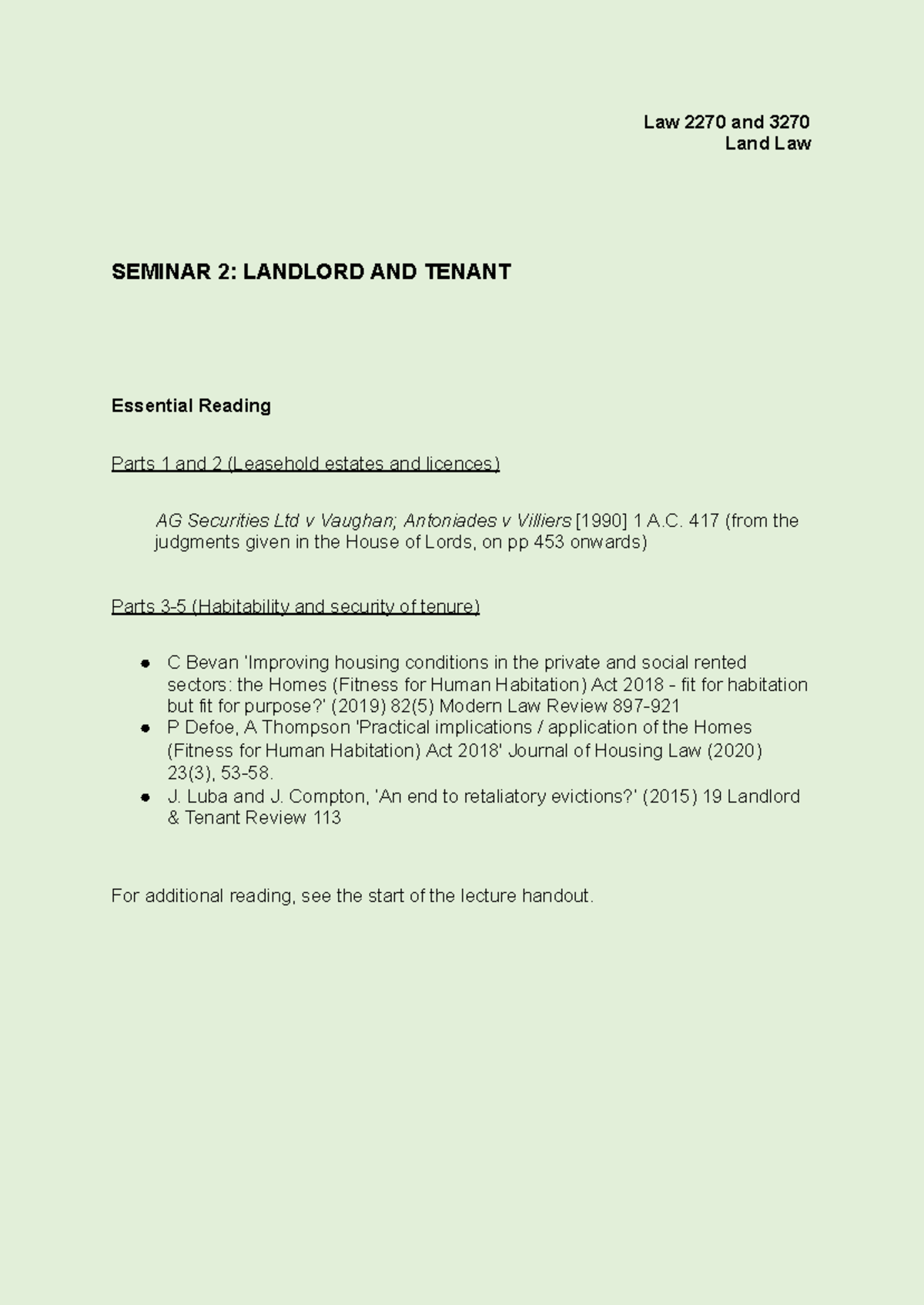 Law 2270 & 3270 Seminar 2: Landlord & Tenant Essential Readings - Studocu