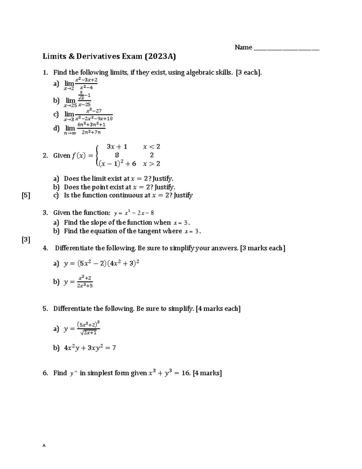 Limits & Derivatives Exam 2023A - Questions and Solutions - Studocu