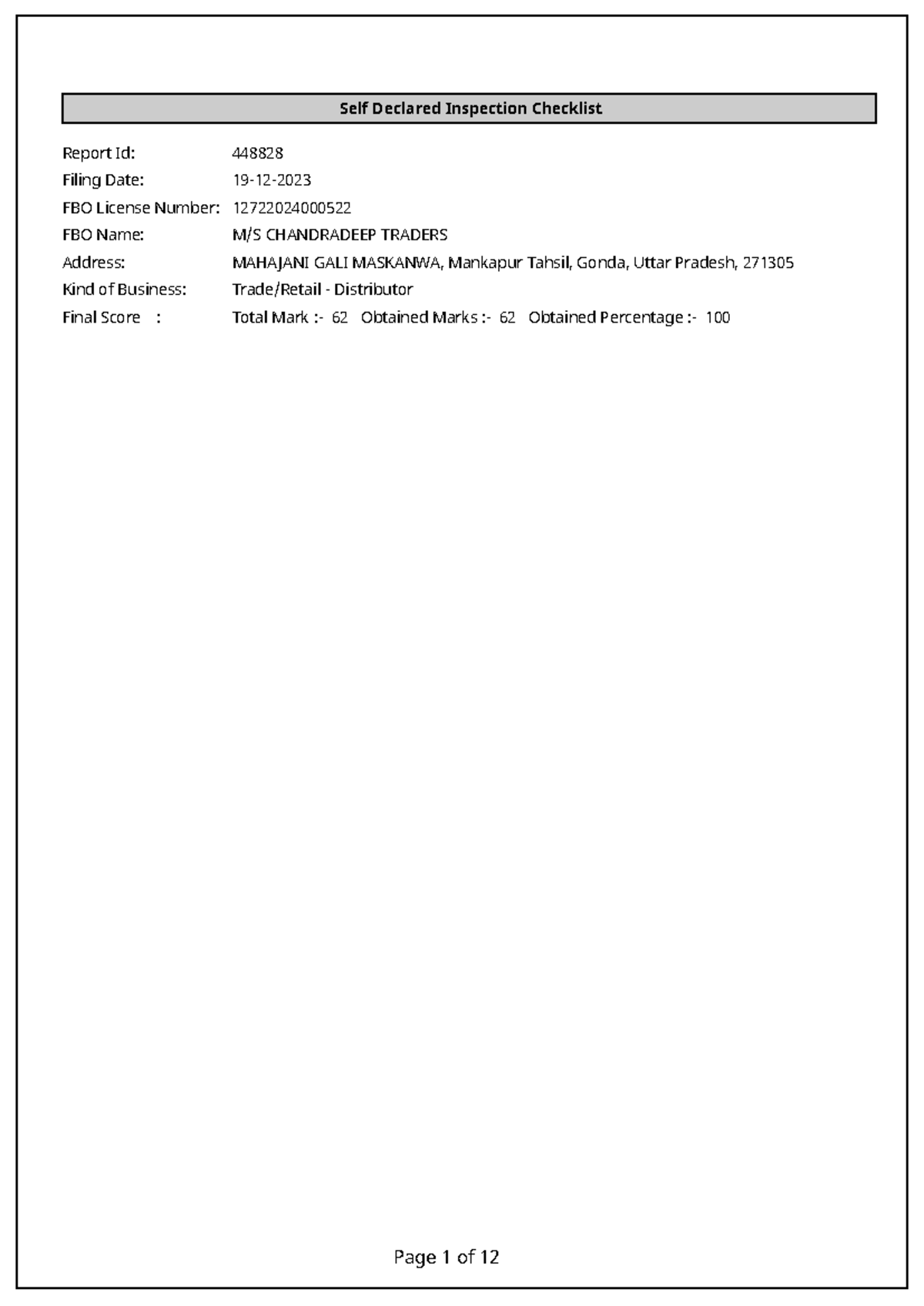 Declaration Renewal Of Foof Licence - Self Declared Inspection ...
