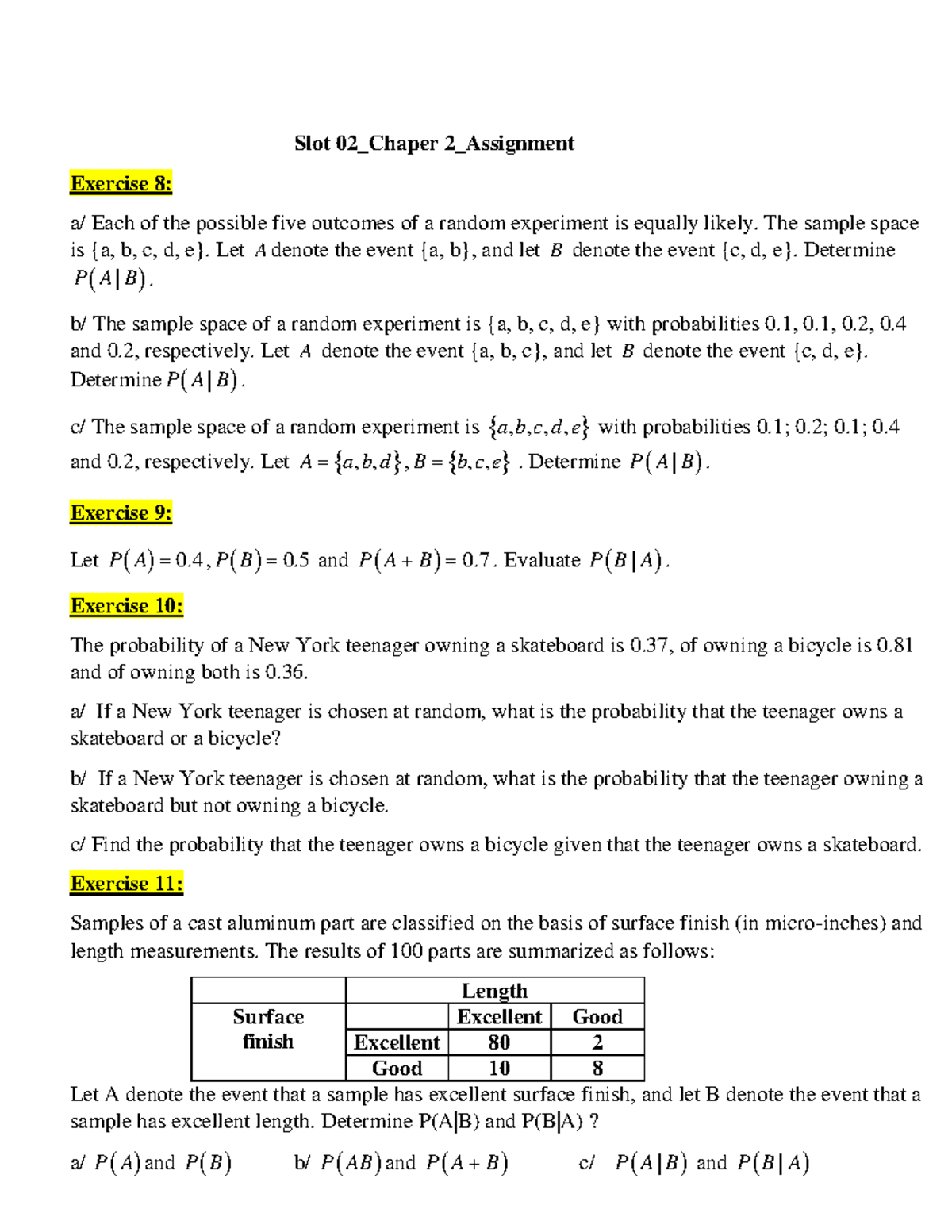 Chapter 02 Assignment 02: Random Experiments & Probabilities - Studocu
