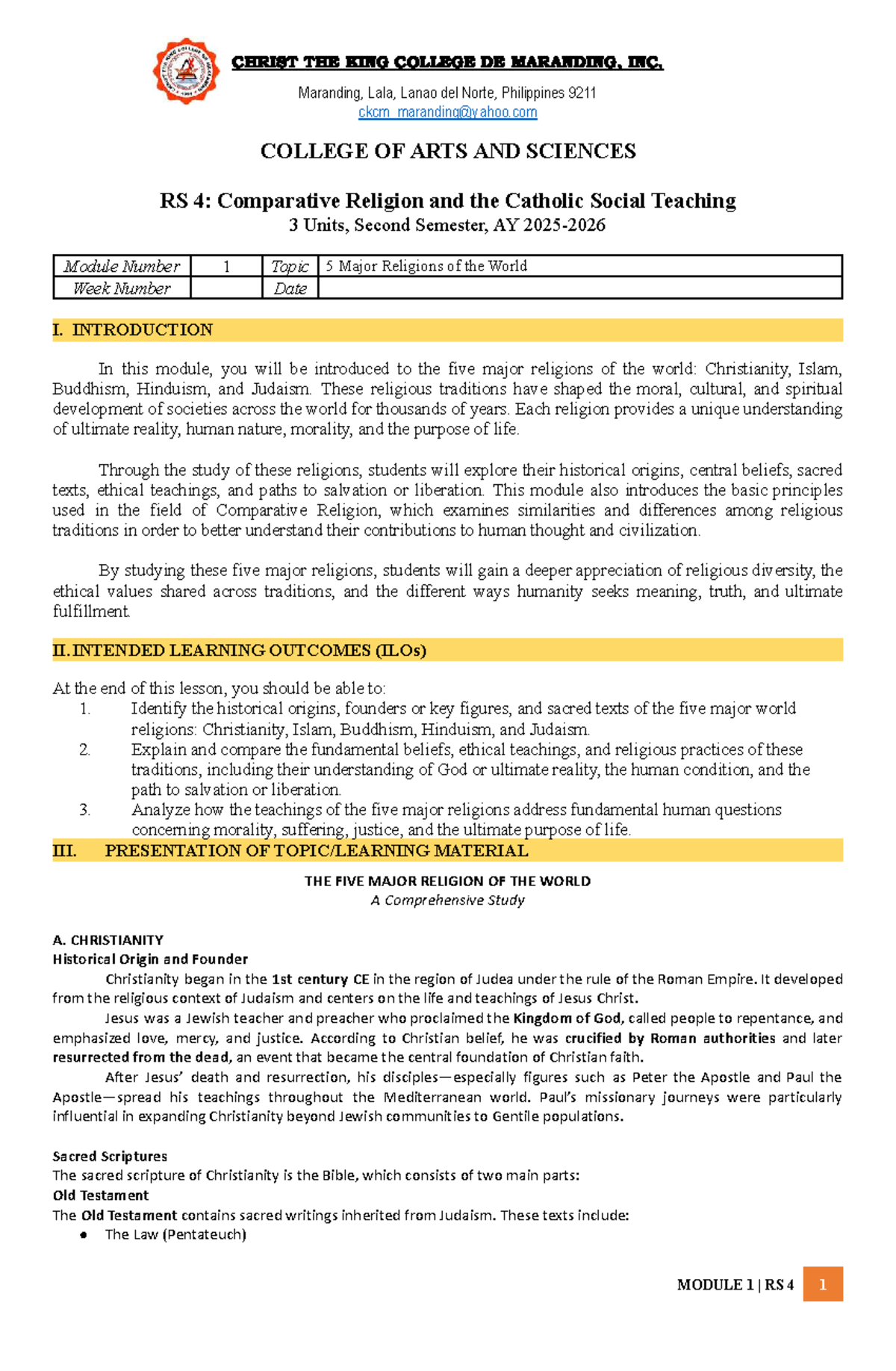 RS 4: Comparative Study of Major World Religions and Ethics - Studocu