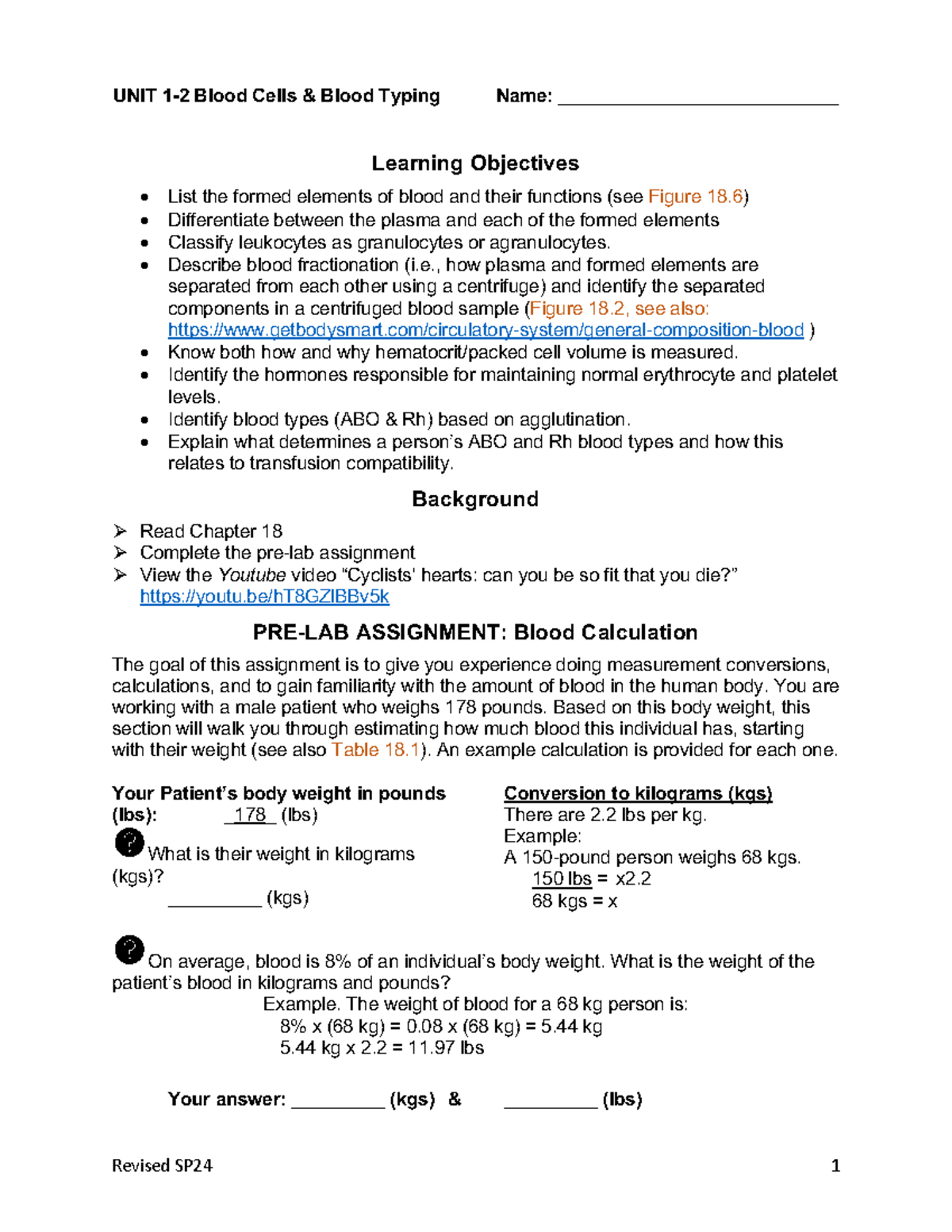 UNIT 1-2 Blood Lab Notes: Functions, Types, and Calculations - Studocu