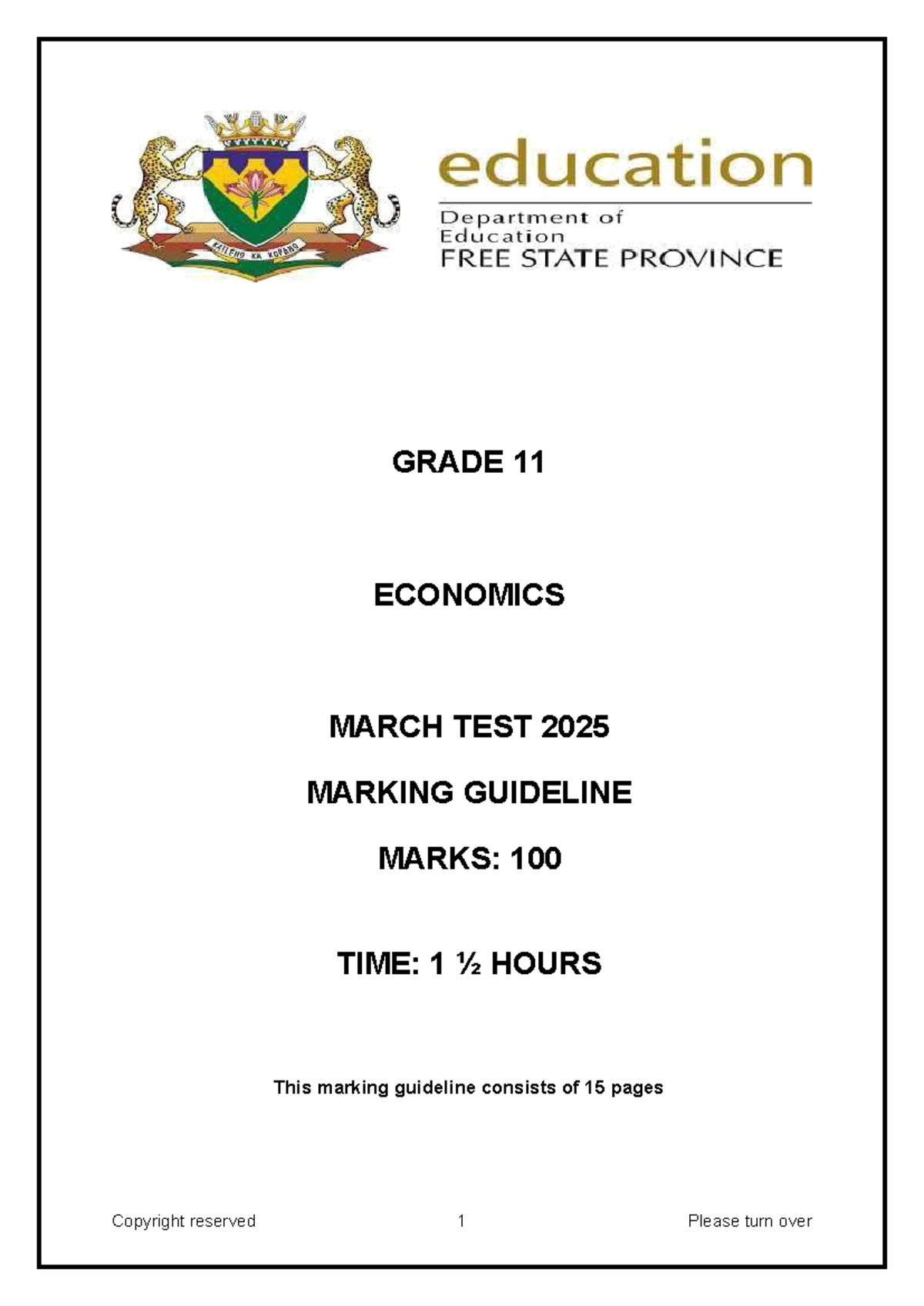 Grade 11 Economics March Test 2025 Marking Guidelines - Studocu