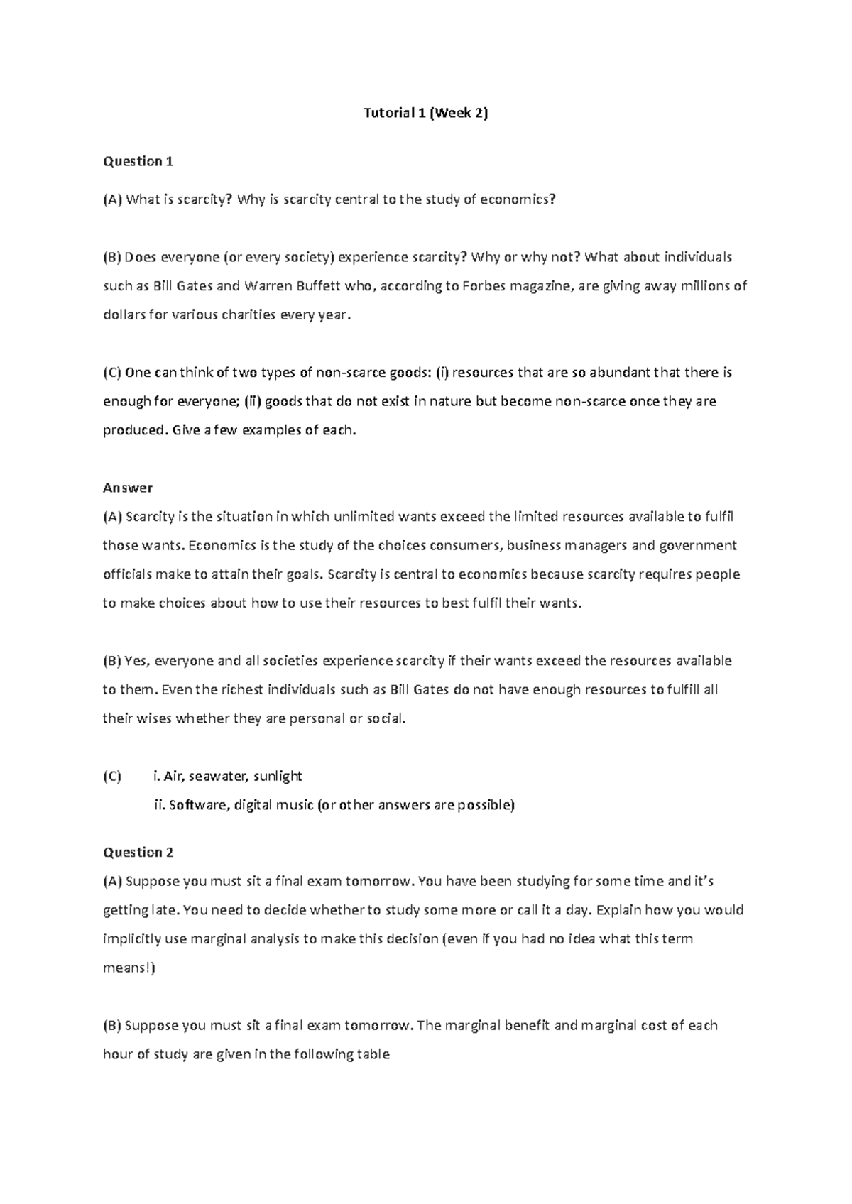 Tutorial 1 (Week 2) Economics Questions and Answers - Studocu