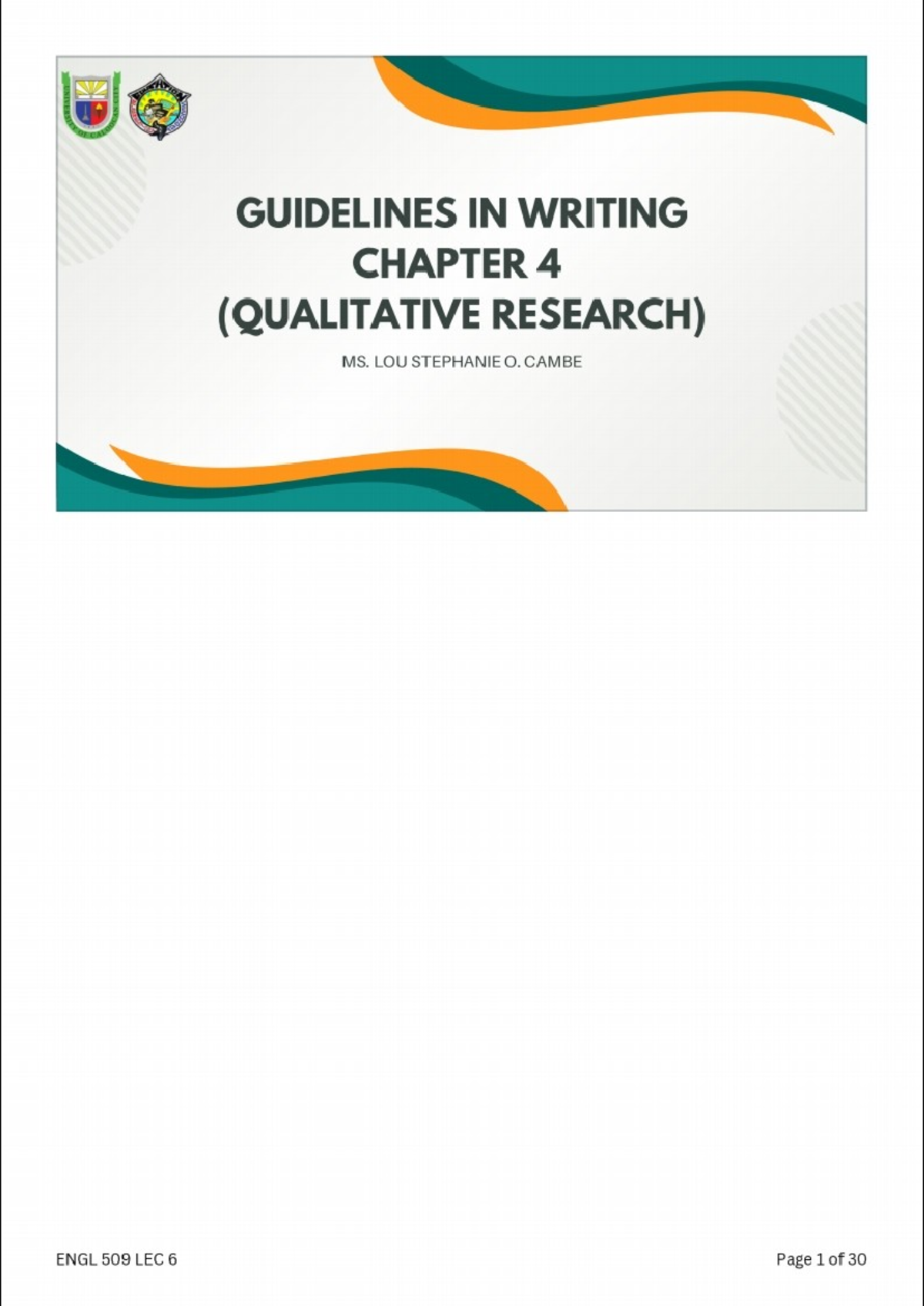 ENGL 509 LEC 6 - Guidelines for Writing Chapter 4 in Qualitative ...