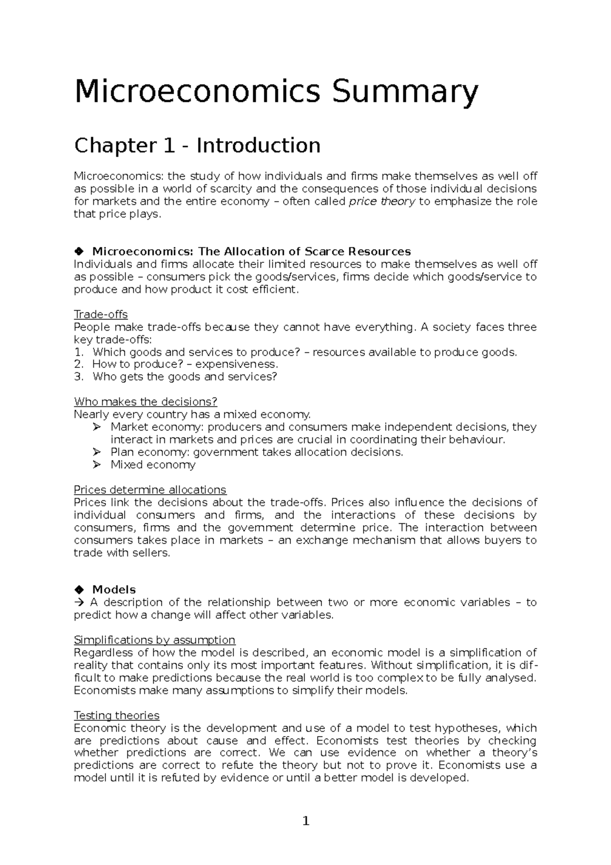 Microeconomics Summary (Chapters 1-4) for ECON101 Final Exam - Studeersnel