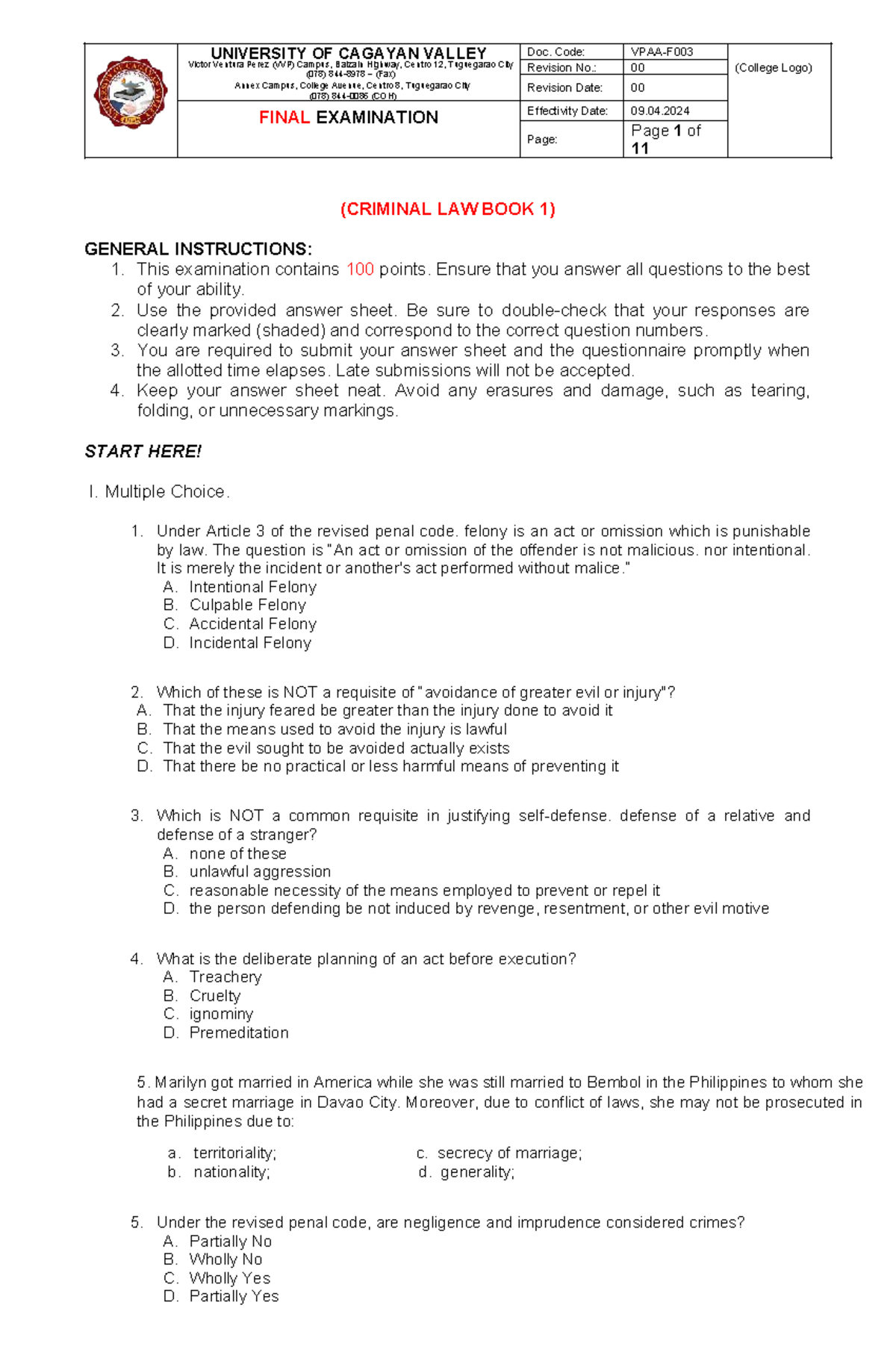 CRIMINAL LAW BOOK 1: FINAL EXAMINATION REVIEW QUESTIONS - Studocu