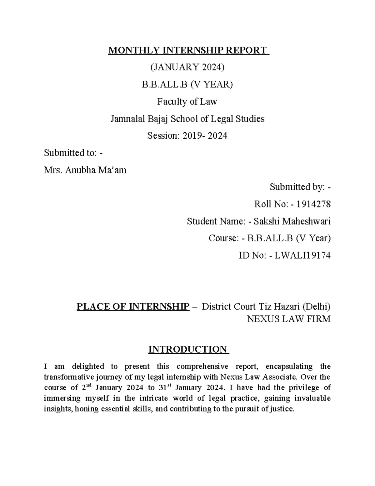Internship Report on Legal Practices at Nexus Law for B.B.ALL (V Year ...