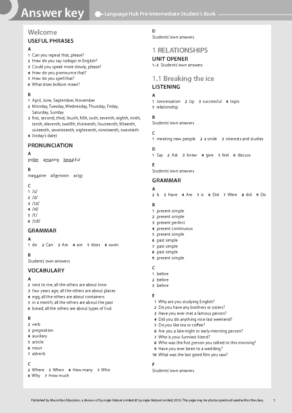 693738420 LH Pre Intermediate Student s Book Answer key - Welcome ...