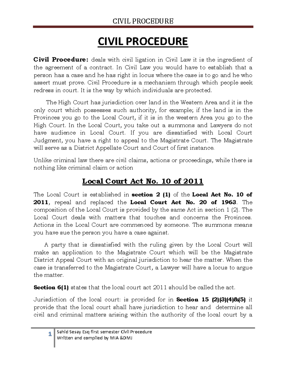 CIVIL PROCEDURE 1: First Semester Comprehensive Study Notes - Studocu